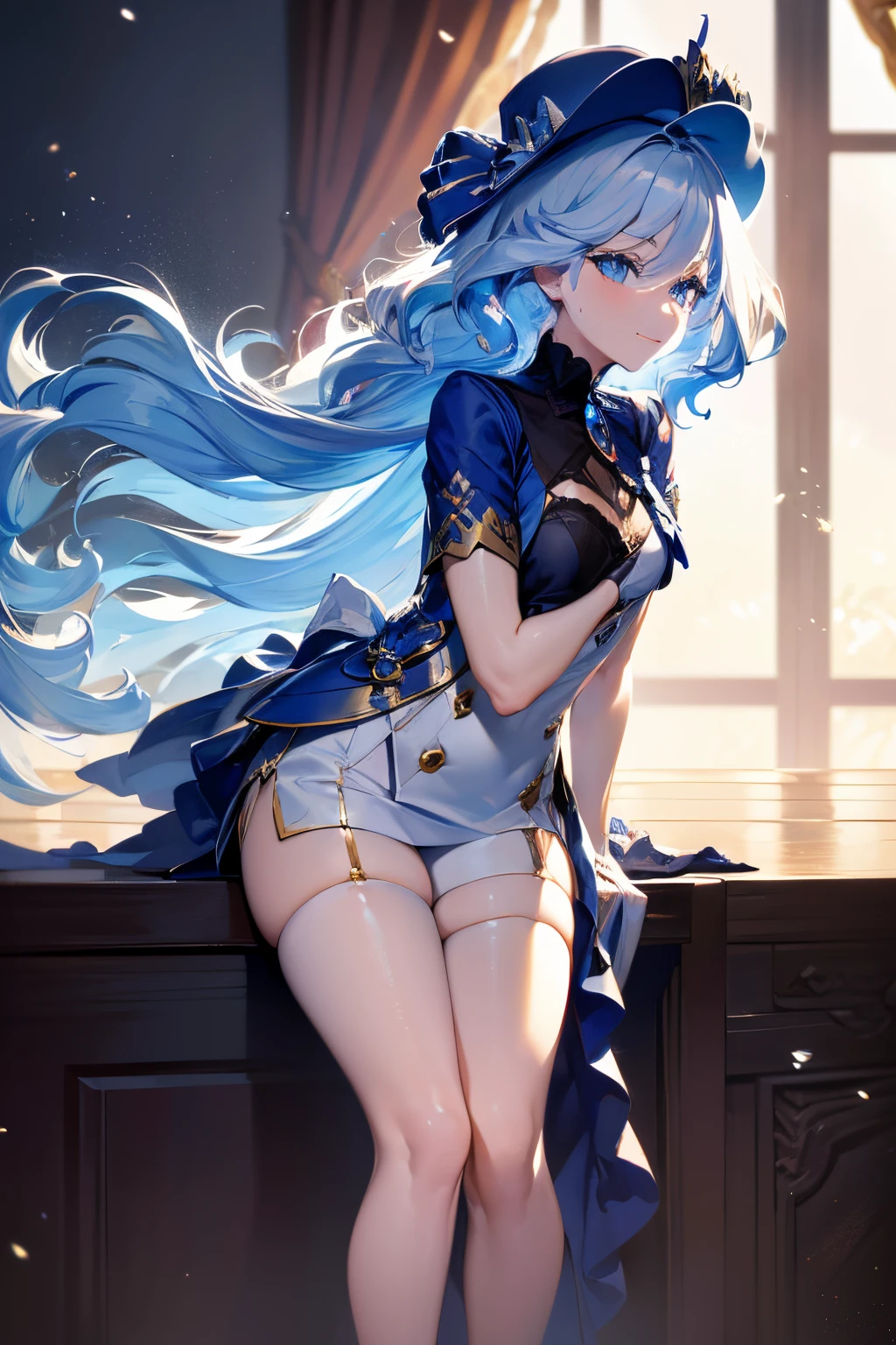 (girl with,Anime Girl) wearing a hat and a blue dress, (Wallpaper,Illustration,Fine Art:Pencil:1.1,Anime:muted) with (Soft,Blurred,flowing,undulate) Blue water (In the background,As a motif). The girl has (Large,Expressive:1.1) Eyes, (Small,Delicate) Lips, with the (Cheerful,Contemplative:Dreamy) The expression on her face. she has got (long,flowing:Silver) gently hair (Blowing in the wind, Framing her face) And (long,obelisks:Detailed) Eyelashes. The scene is (发光:Warmly lit) with (Soft,natural:Sunlight) streaming from window, casting (subtle,Gentle) girl'face and shadows around it. The big picture is (High quality,4K:1.2,Ultra-detailed,Realistic) (Anime,Illustration) The artwork, with (Vibrant,Vivid) Color and (shading,blending:1.1).