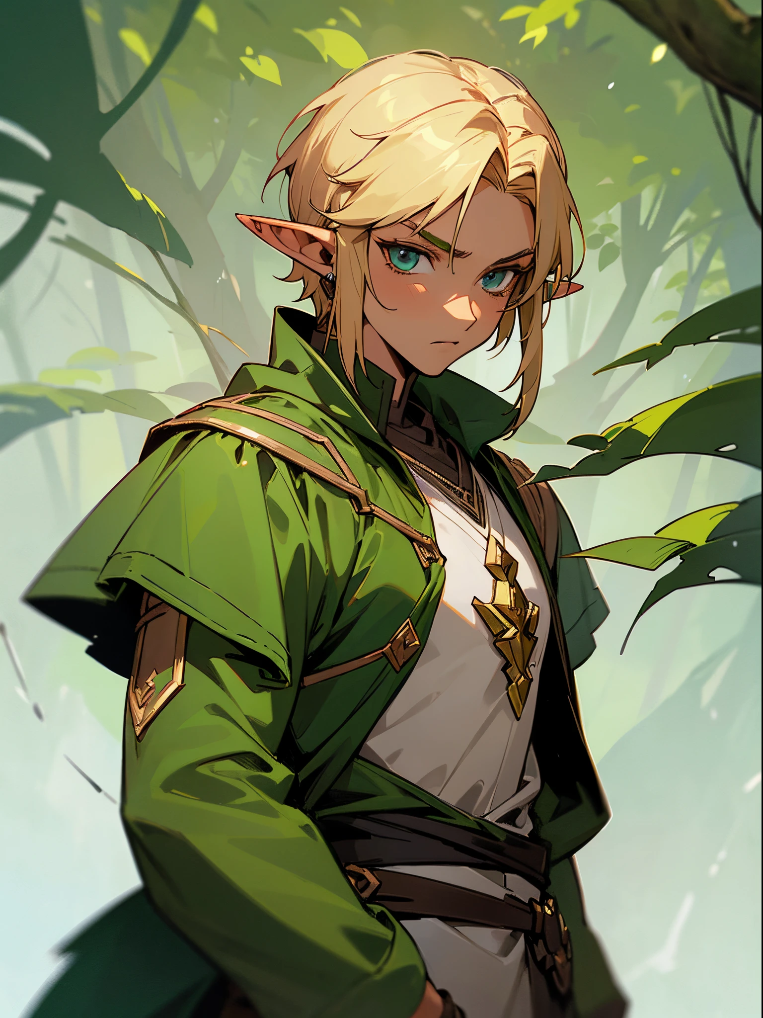 ((brown skin)),A man in green and brown clothes walks through the forest, Portrait of a Forest Magician, Male Elf Ranger, a portrait of a male elf, a male elf, beautiful male elf, elven male, Male Blonde Elf Ranger, эльфа Elden Ring, Male rogue wood elf, portrait of a young elf wizard, astri lohne, ((Sharp face, Zelda's style