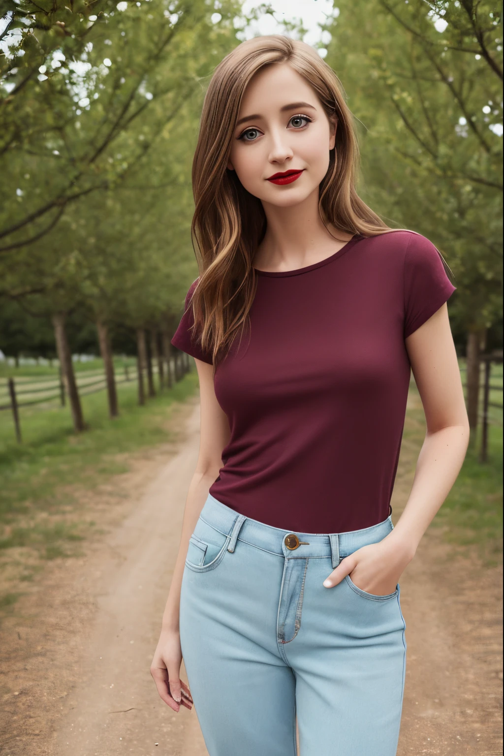very skinny , long hair , american girl Allison Mack ,large eyes ,shallow depth of field ,
blurry, red lips, brown hair , , , soft skin, , expressive eyes ,
, , blue t-shirt, jens pants , farm