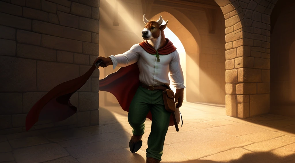 uploaded on e621, (male anthro bull), sneaking, solo, muscle, detailed scale texture, castle stonework, (medieval clothing, ((loose green pants, ragged white shirt, belt, red cloak, satchel, journal))), (brown body, medium-length horns, thick legs), noon, shaded, bright environment, (front view), looking suspicious, [simple background], detailed eyes, masterpiece artwork, caustics, rim lighting, single light source, sharp shadows, solo portrait, (digitgrade, hooves), (realistic, photorealistic, hyper realistic, ultra detailed),