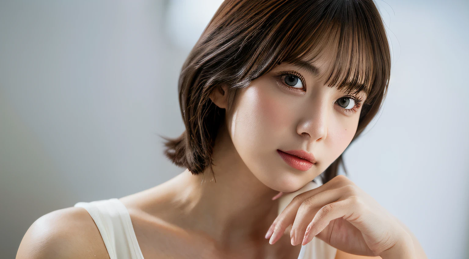 masutepiece, Best Quality, Illustration, Ultra-detailed, finely detail, hight resolution, 8K Wallpaper, Perfect dynamic composition, Beautiful detailed eyes, She is a Playboy model, Natural Lip, Swimsuit , Big breasts, Short bob hair , Gravure Pose
