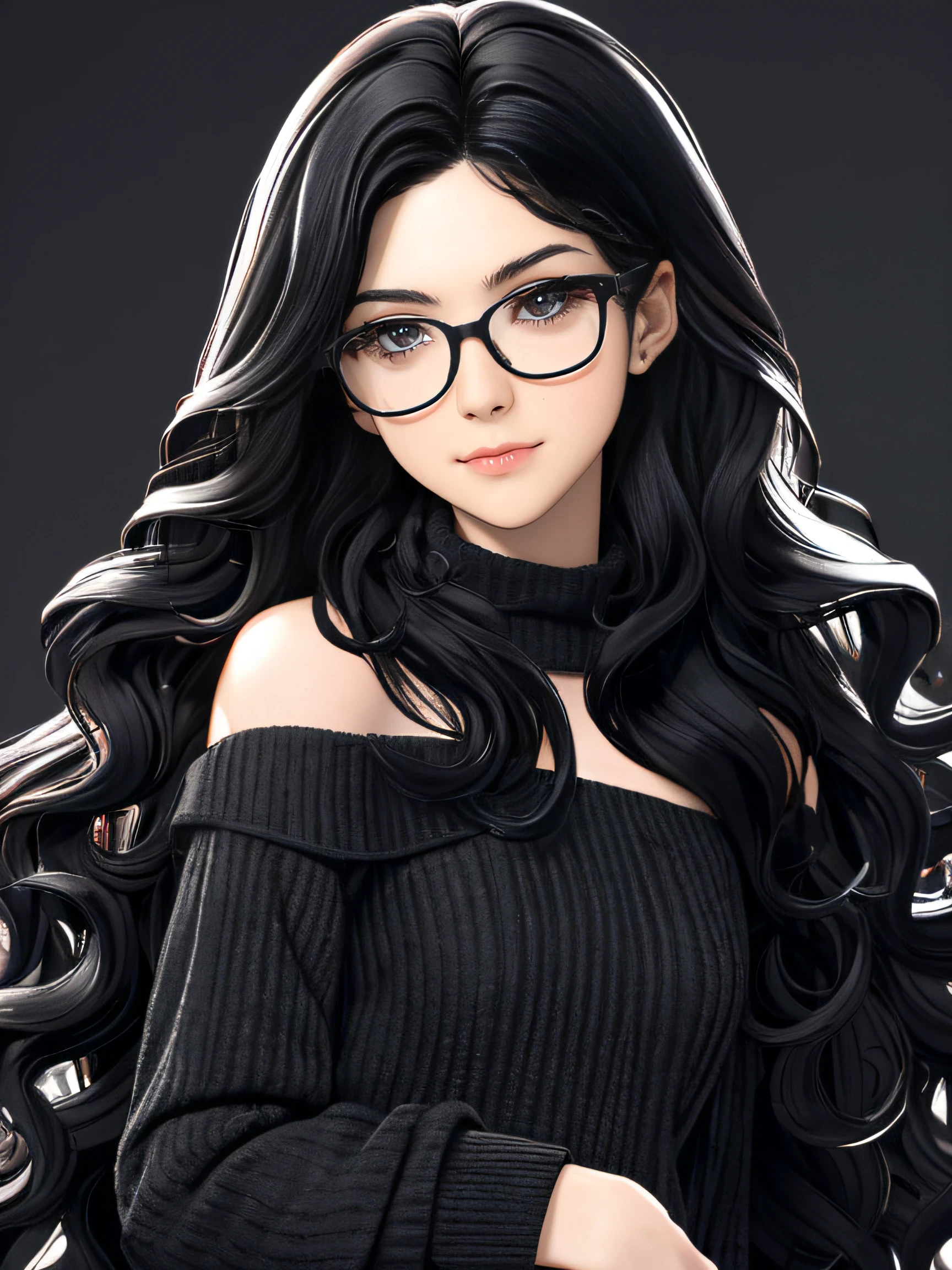 (masterpiece), best quality, expressive eyes, perfect face, FRONT VIEW , front view photo, a woman with glasses, no bangs; NO BANGS ,long black wavy hair and glasses, wavy hair spread, wavy long - length black hair, with long hair, wavy hair combed to one side, black wavy hair, long black hair blown by the wind, long black wavy hair, black wavy hair , lush and unkempt black hair, with straight black hair,
