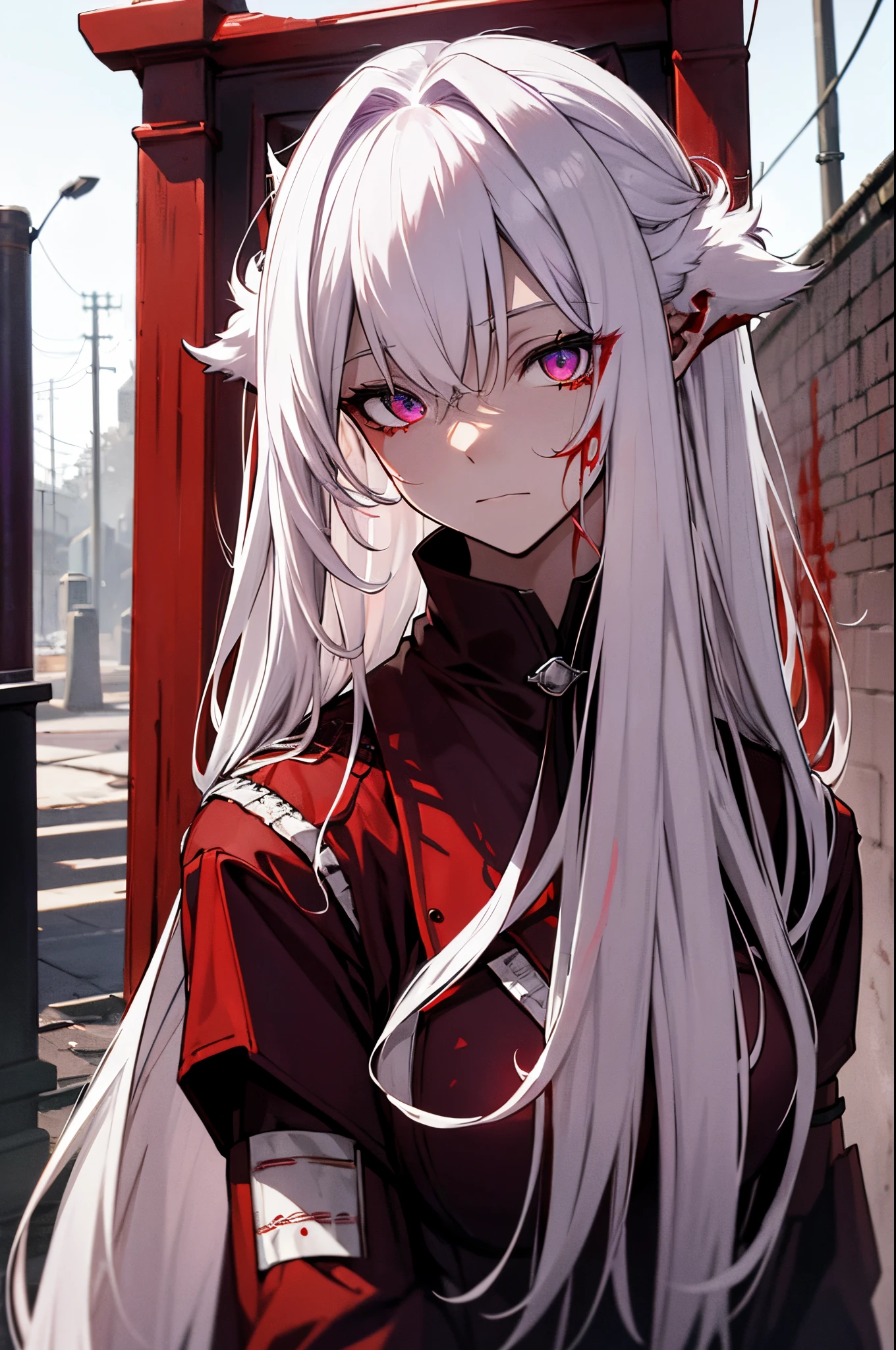 corpse、Blood is everywhere、blood splash、Dark hue、red tint、Cat Girl , White long hair,Fox white ears,burning purple!!! Eyes,devil outfit, the look is full of hatred