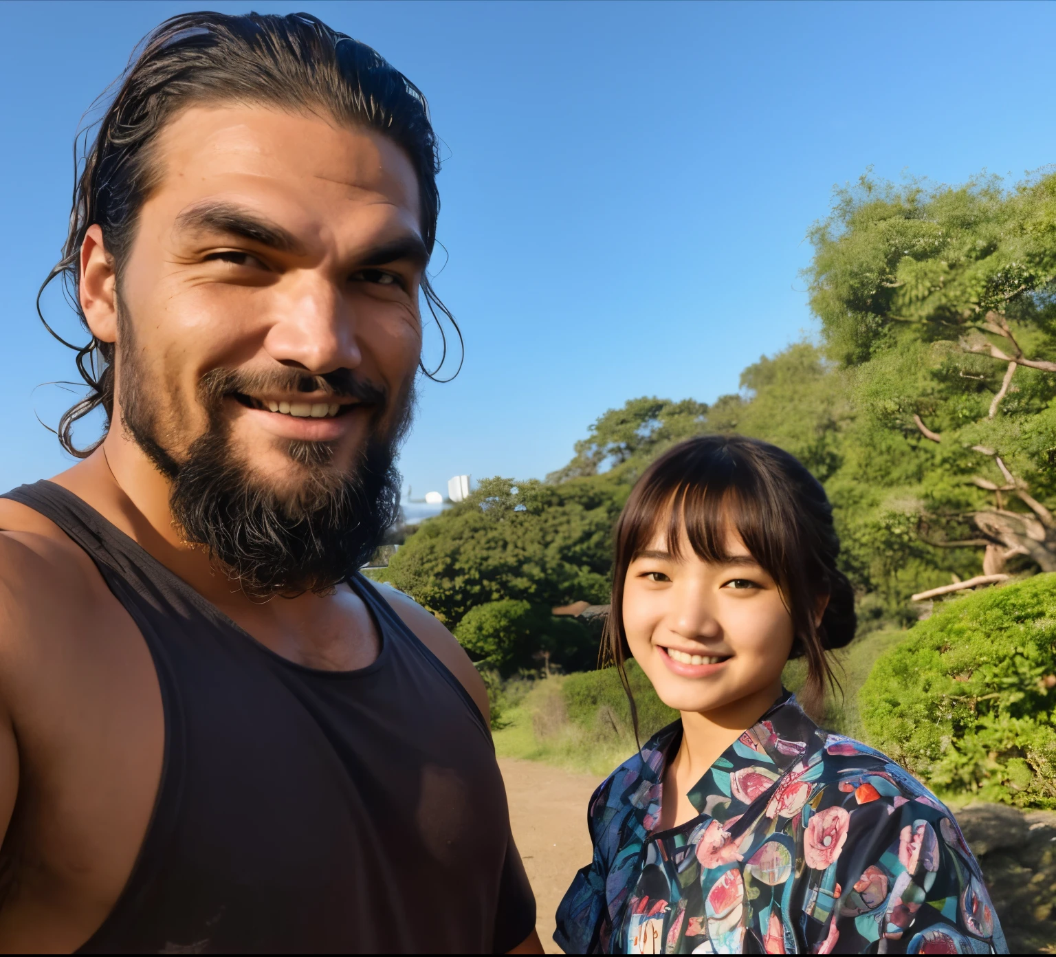 (Best quality, 8k, 32k, Masterpiece, UHD:1.2) Jason Mamoa with a Japanese Teenage Fan Girl, smiling and posing for a selfie