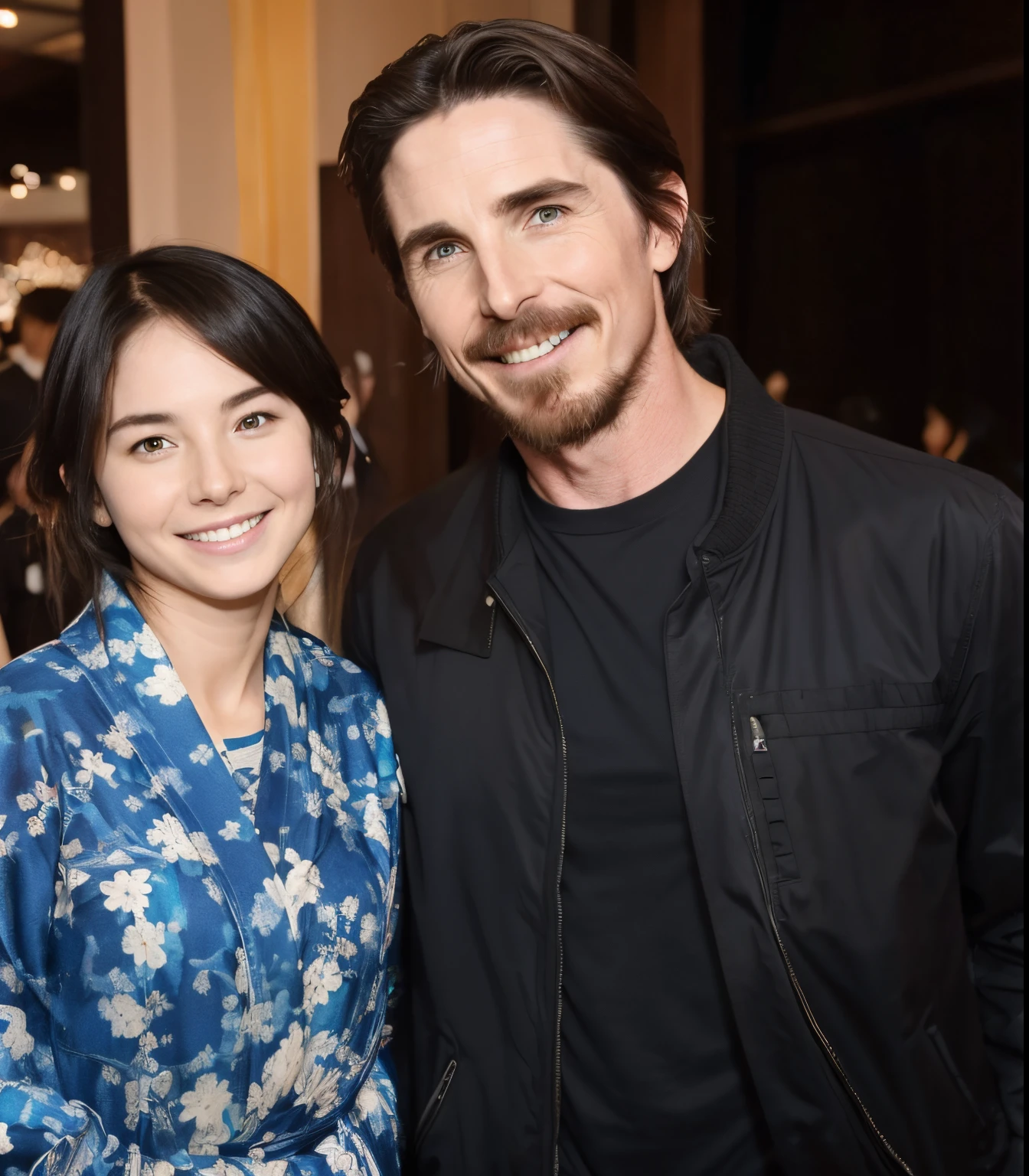 (Best quality, 8k, 32k, Masterpiece, UHD:1.2) Christian Bale with a Japanese age Fan Girl, smiling and posing for a selfie