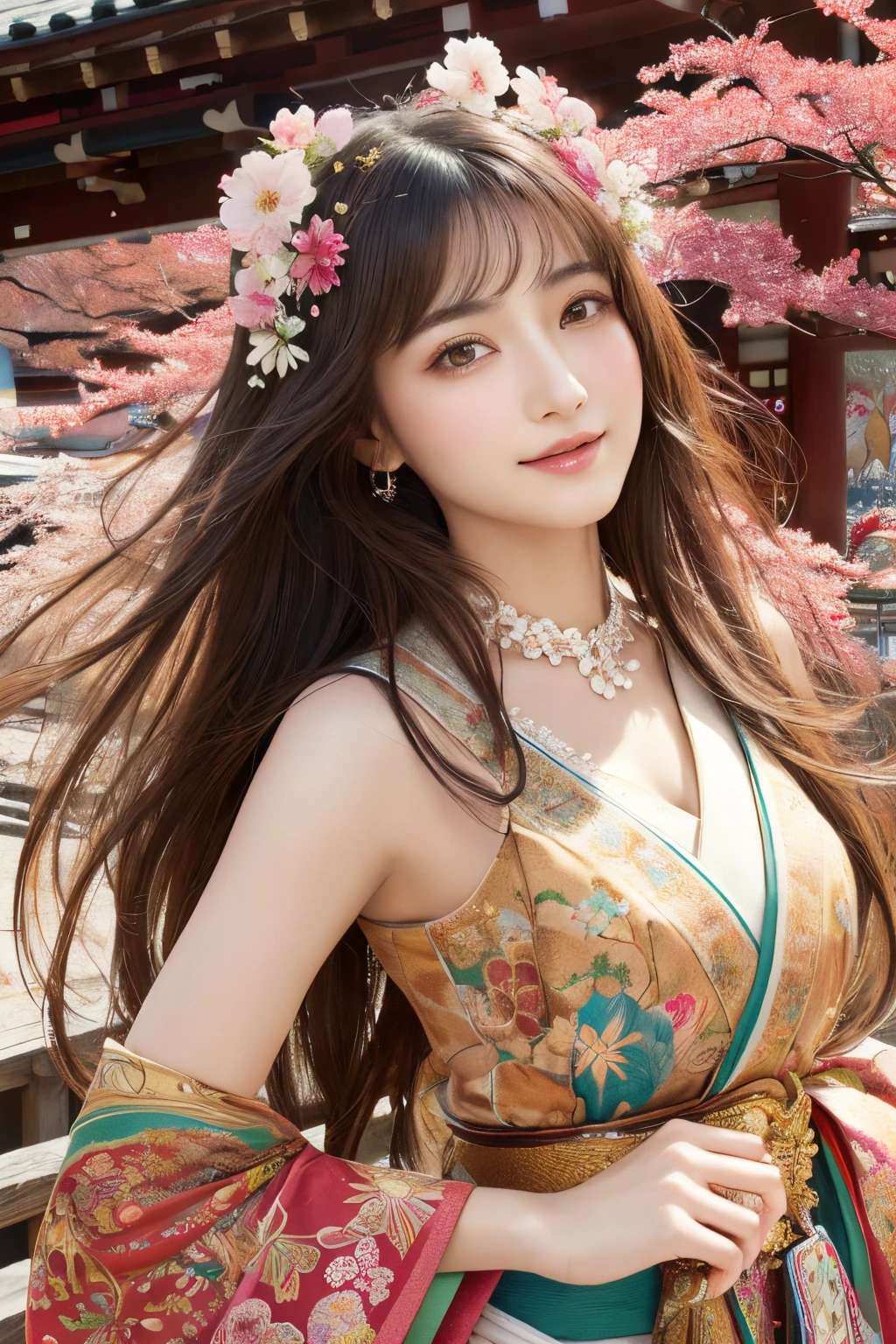 (masterpiece、top-quality、top-quality、Official art、Beautifully Aesthetic:1.2)、(1girl in)、ighly detailed、(Fractal Art:1.3)、colourfull、highestdetailed,(Poses in motion:1.4)、Detail Beautiful delicate face、Detail Beautiful delicate eyes、Very fine eye definition, (Symmetrical eyes:1.3),((Japan hair)),((Natural smile)),
