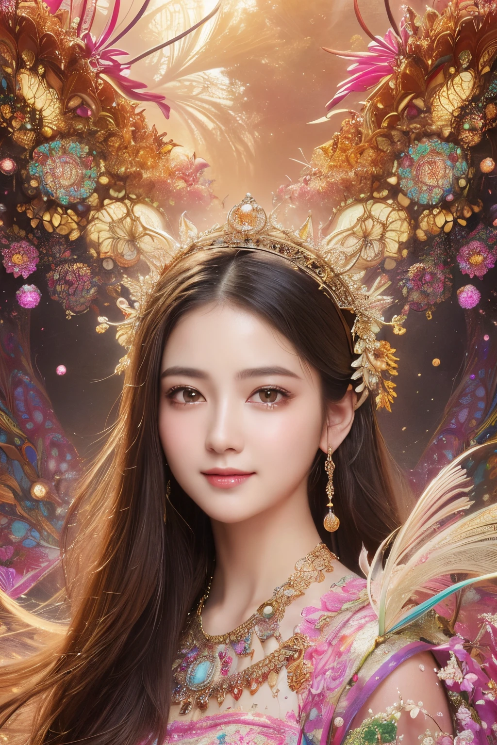 (​masterpiece、top-quality、top-quality、Official art、Beautifully Aesthetic:1.2)、(1girl in)、ighly detailed、(Fractal Art:1.3)、colourfull、highestdetailed,(Poses in motion:1.4)、Detail Beautiful delicate face、Detail Beautiful delicate eyes、Very fine eye definition, (Symmetrical eyes:1.3),((Natural smile)),