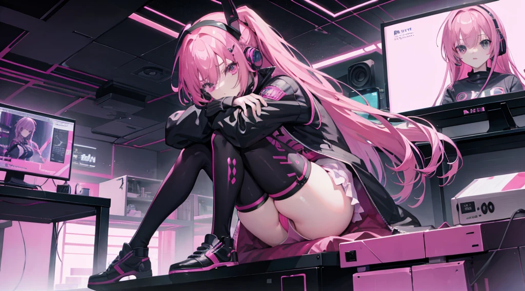 cyber punk perssonage,mitsukasa ayas, Digital punk, Anime style 4k, long sleeve gaming clothes,Pink Long Hair, computer room, gaming headset，black pantyhoses