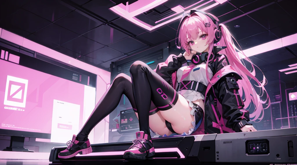 cyber punk perssonage,mitsukasa ayas, Digital punk, Anime style 4k, long sleeve gaming clothes,Pink Long Hair, computer room, gaming headset,black pantyhoses