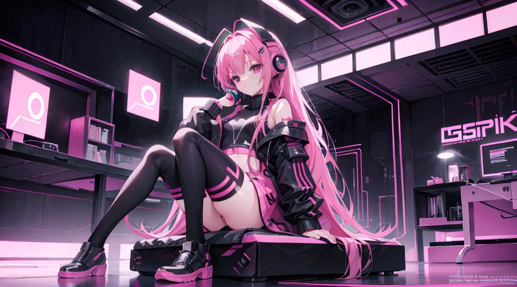 cyber punk perssonage,mitsukasa ayas, Digital punk, Anime style 4k, long sleeve gaming clothes,Pink Long Hair, computer room, gaming headset,black pantyhoses