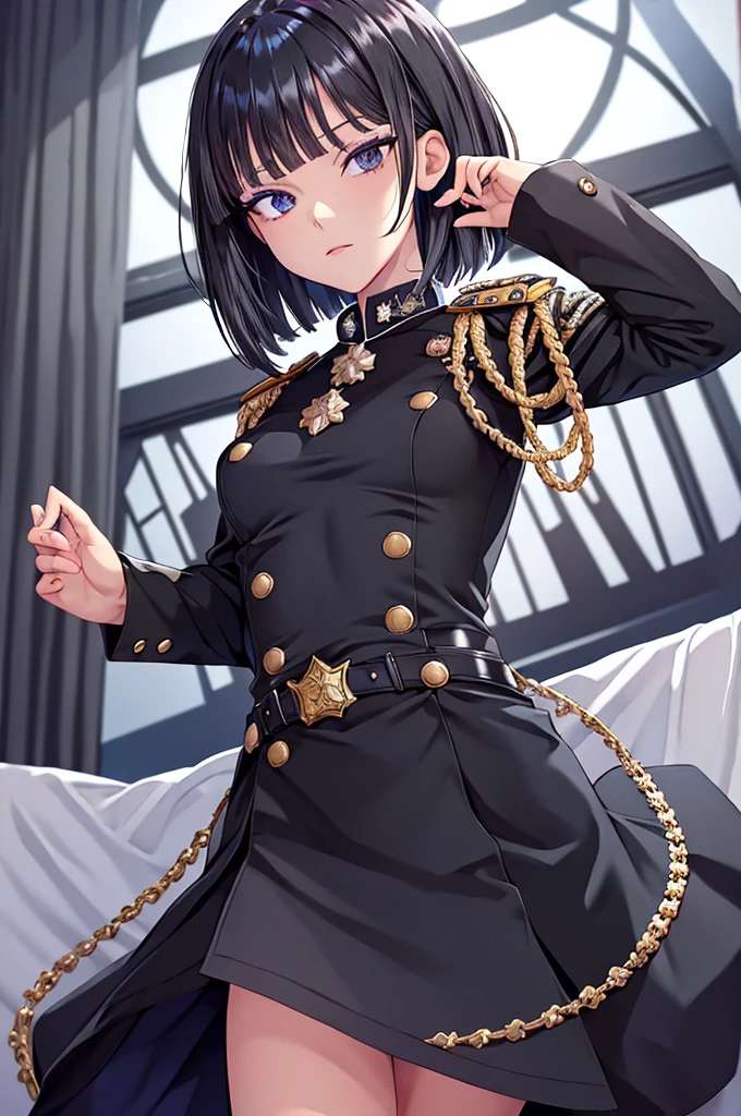 best quality, masterpiece, 1girl, (solo:1.1), spread legs, looking at viewer, black short hair, black hair, blunt bangs, shoulder length hair, mature, young, black clothing, black uniform, military uniform, military academy, epaulettes, medal, beautiful, heroic, indoor background, delicate and delicate facial features