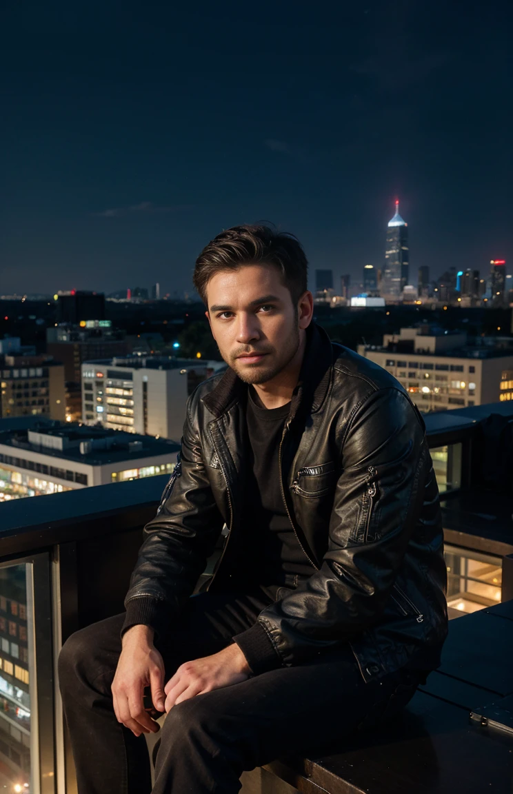 a man sitting at a rooftop of high building, wear jacket, city night view, superb quality, intricate detailed, cinematic, photoreal, 8k, UHD, realistic