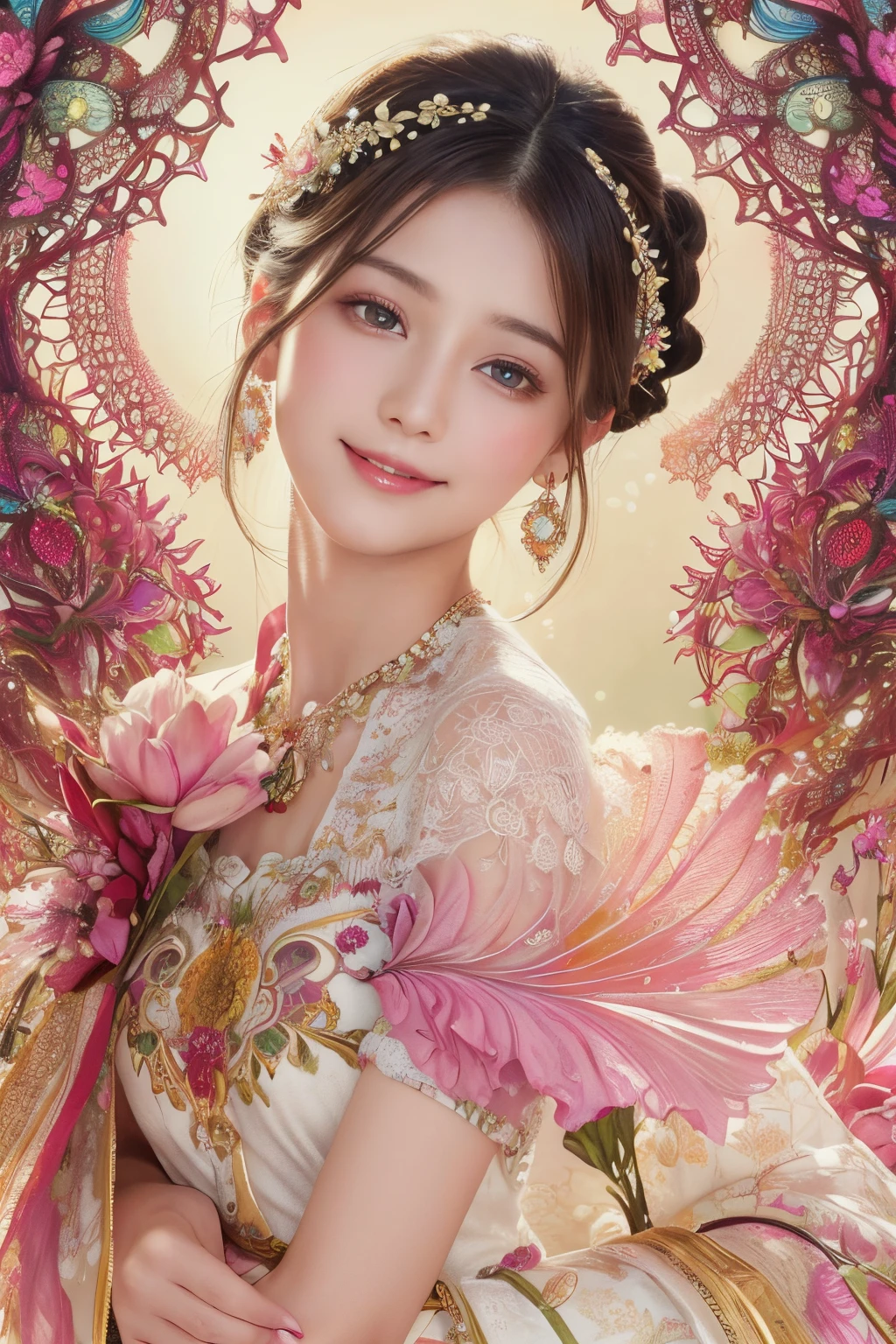 (​masterpiece、top-quality、top-quality、Official art、Beautifully Aesthetic:1.2)、(1girl in)、ighly detailed、(Fractal Art:1.3)、colourfull、highestdetailed,(Poses in motion:1.4)、Detail Beautiful delicate face、Detail Beautiful delicate eyes、Very fine eye definition, (Symmetrical eyes:1.3),((Natural smile)),florals,pluma