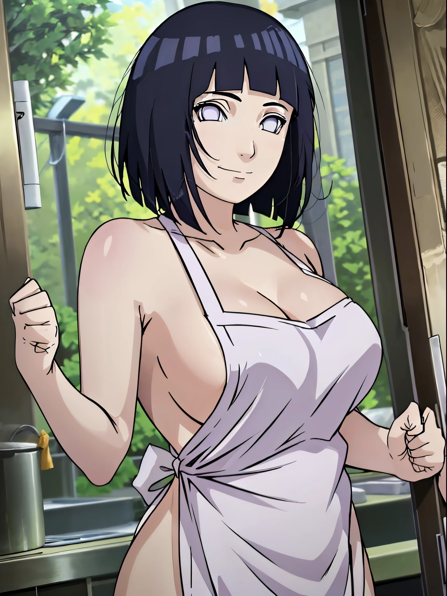 naked wearing white apron only,, ((thick arms)), , stretching , anime style, cute , beautiful , nice body, soft body, (hinata\(boruto\), (slender body), mature woman , broad shoulders, off-shoulders, (naked wearing white apron only, bare arms, bare hands), smile, closed mouth, pale skin, , smile, (dark blue hair color:1.1), wavy hair, floating hair, ((very short hair, hime cut), big breasts, (closed fists), , (perfect eyes, white sciera, bright eyes, white eyes, anime eyes)