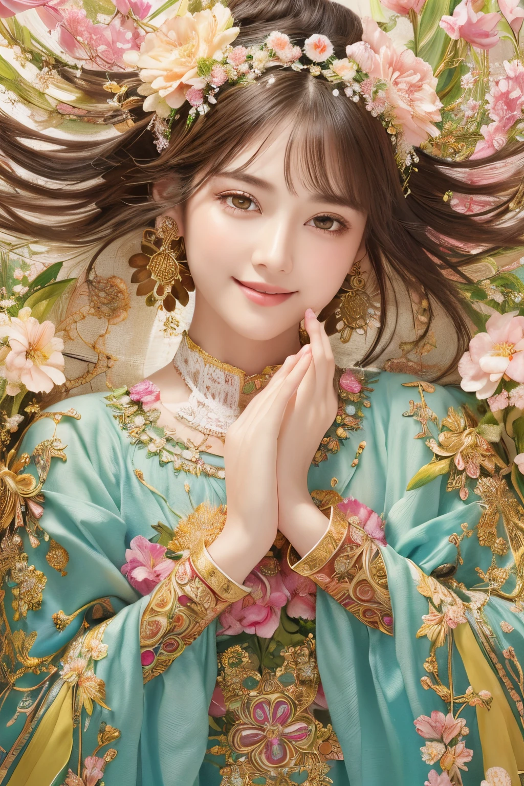 (masterpiece、top-quality、top-quality、Official art、Beautifully Aesthetic:1.2)、(1girl in)、ighly detailed、(Fractal Art:1.3)、colourfull、highestdetailed,(Poses in motion:1.4)、Detail Beautiful delicate face、Detail Beautiful delicate eyes、Very fine eye definition, (Symmetrical eyes:1.3),((Natural smile)),florals,pluma、image of goddess