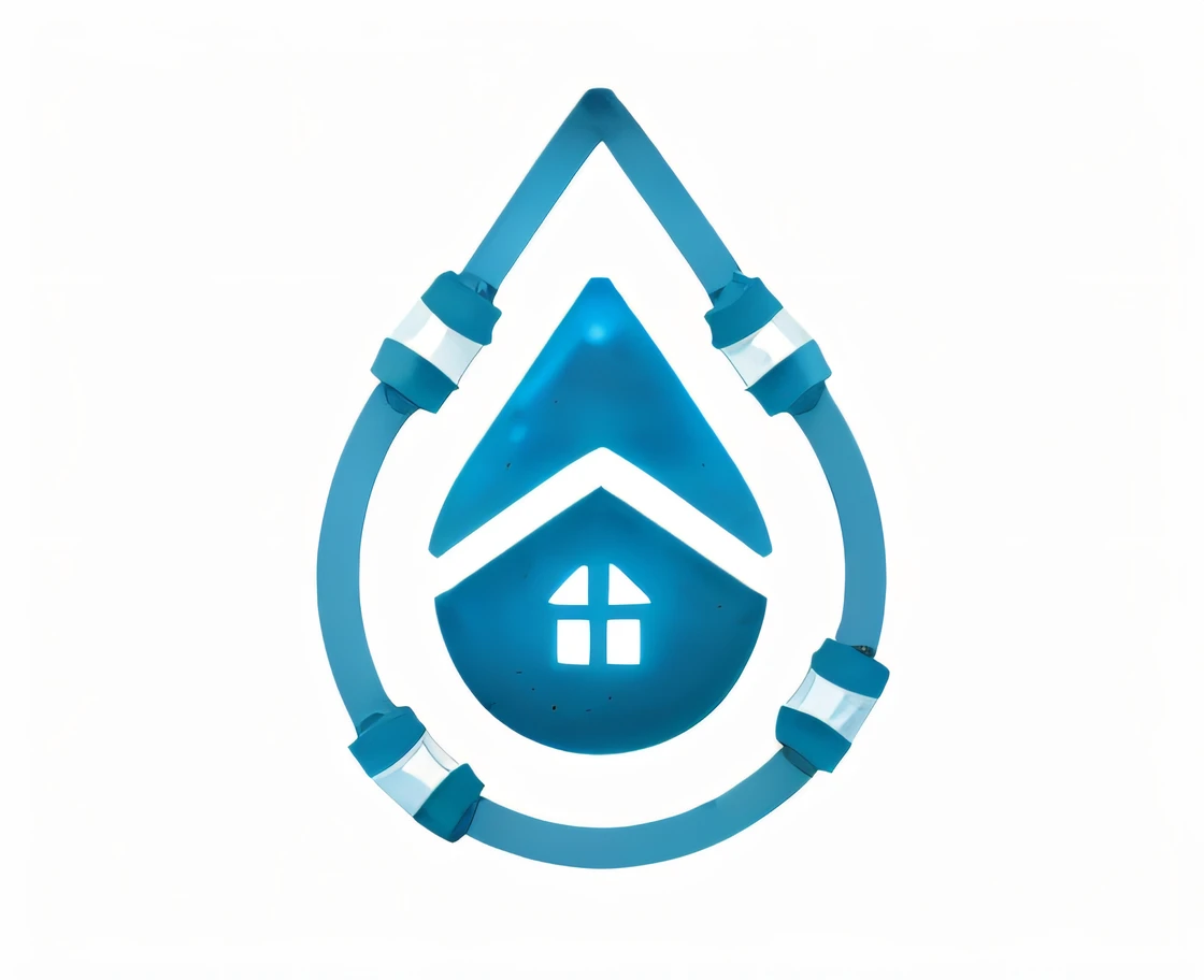 Drop shape framed with iron water pipes and a house pattern inside that shape, including a valve, faucet, etc.