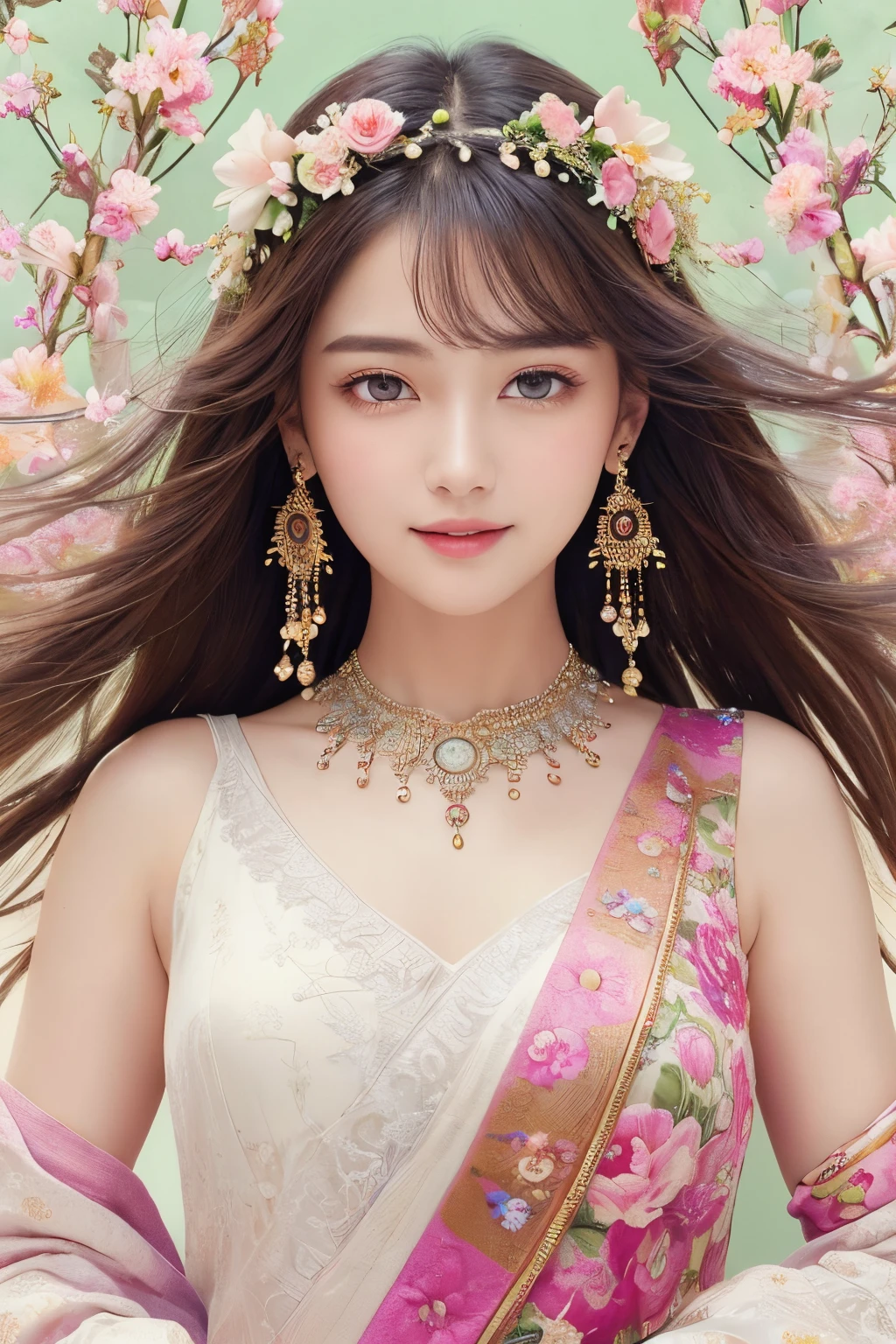 (masterpiece、top-quality、top-quality、Official art、Beautifully Aesthetic:1.2)、(1girl in)、ighly detailed、(Fractal Art:1.3)、colourfull、highestdetailed,(Poses in motion:1.4)、Detail Beautiful delicate face、Detail Beautiful delicate eyes、Very fine eye definition, (Symmetrical eyes:1.3),((Natural smile)),florals,pluma、image of goddess