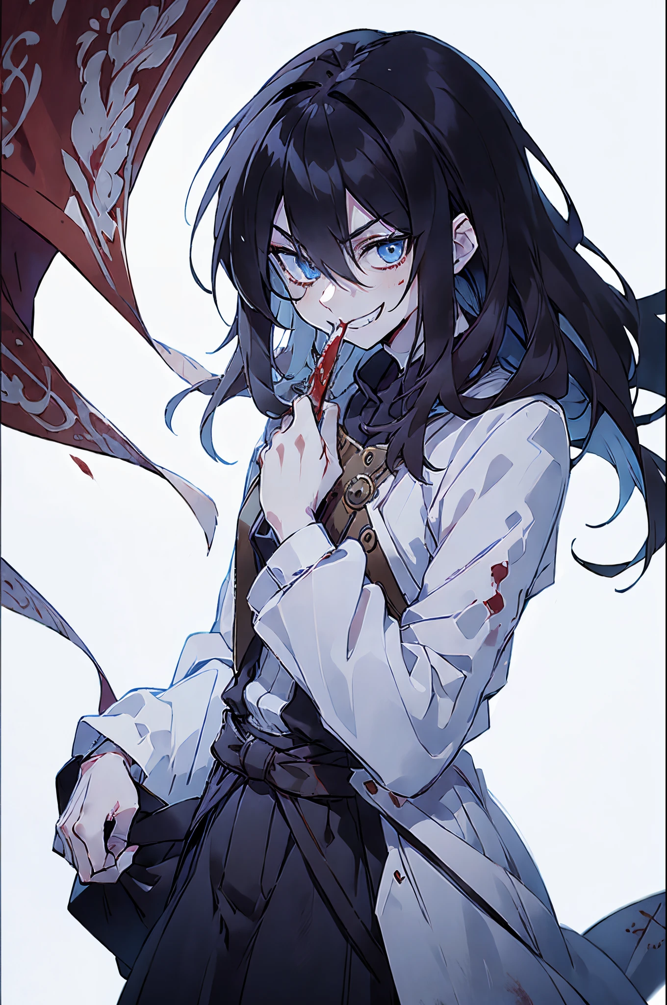 Man,male,malefocus,solo,anime,black hair,blood on mouth,blue eyes,long hair,hair between eyes, smile, long sleeves, grin,pale skin, medieval clothes, warrior clothes,8k, ultra detalhe