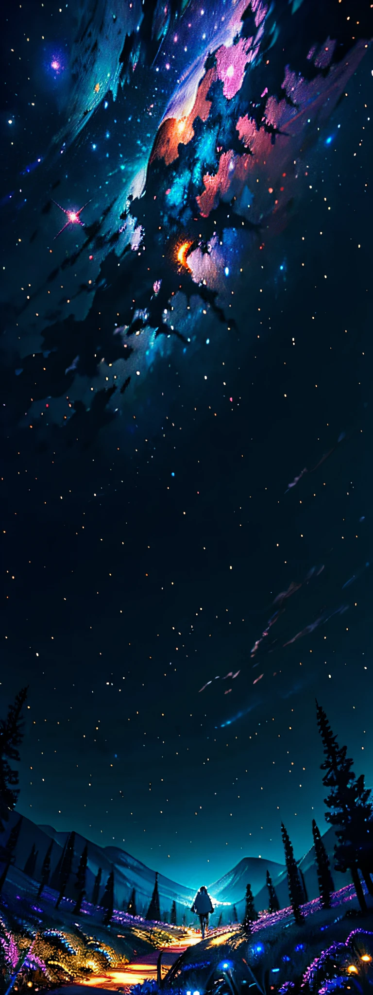 Expansive landscape photograph, (view from below with a view of the sky and the wilderness below), little girl standing in a flower field looking up, (full moon: 1.2), (shooting star: 0.9), (nebula: 1.3), distant mountain, tree break production art, (warm light source: 1.2), (firefly: 1.2), lamp, purple and orange, intricate detail, volume lighting BREAK (masterpiece: 1.2), (highest quality ), 4k, ultra-detailed, (dynamic configuration: 1.4), highly detailed and colorful details (iridescent: 1.2), (sparkling lighting, atmospheric lighting), dreamy, magical, (solo: 1.2)