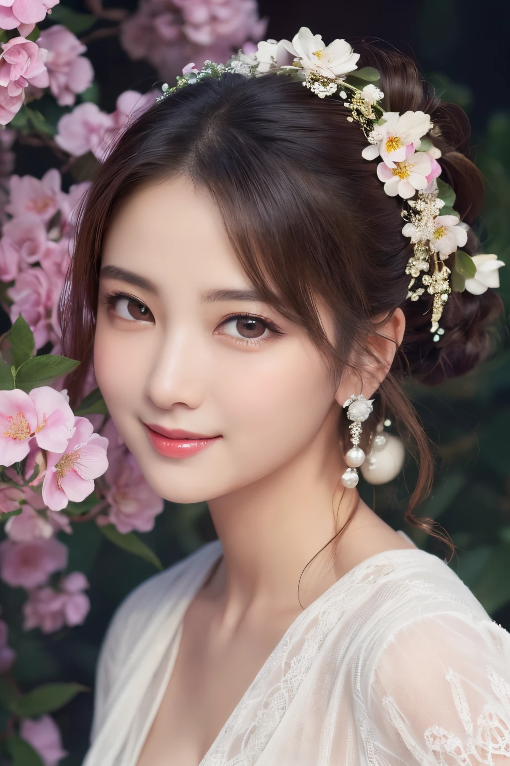 (masterpiece、top-quality、top-quality、Official art、Beautifully Aesthetic:1.2)、(1girl in)、ighly detailed、(Fractal Art:1.3)、colourfull、highestdetailed,(Poses in motion:1.4)、Detail Beautiful delicate face、Detail Beautiful delicate eyes、Very fine eye definition, (Symmetrical eyes:1.3),((Natural smile)),florals,pluma、image of goddess、A little Japanese style