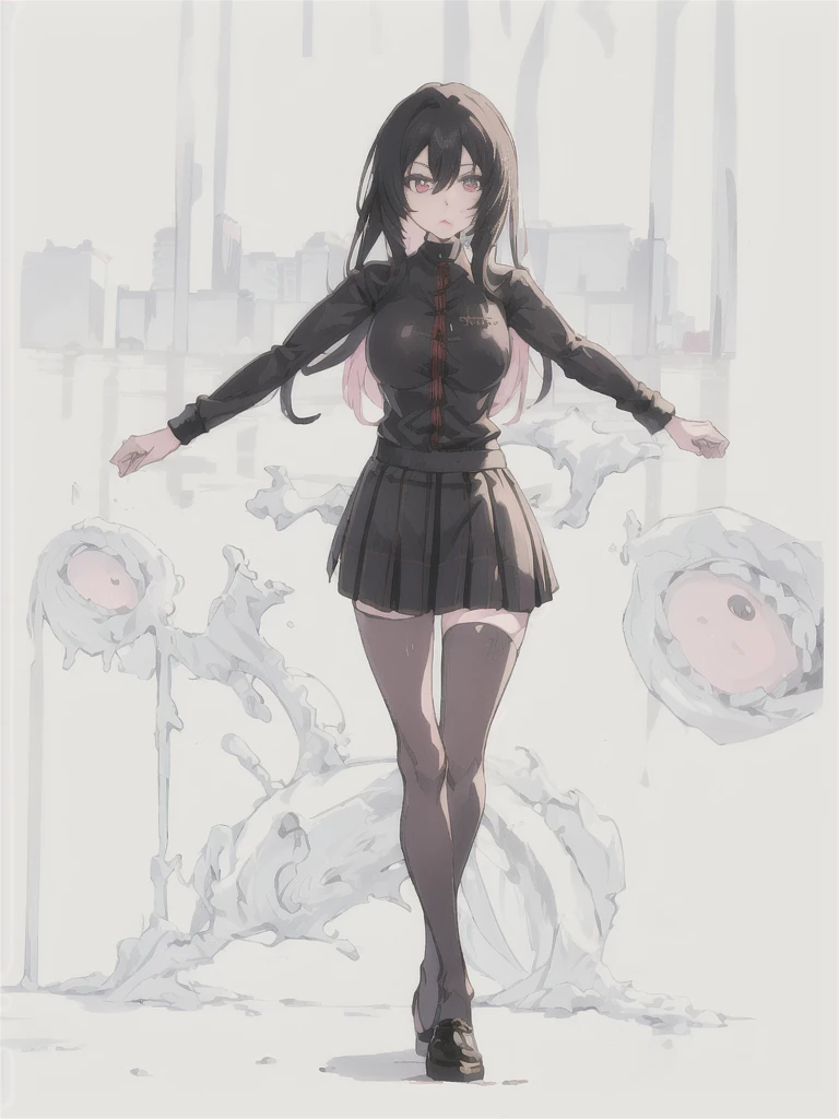 Una chica de canello negro, black shirt and checkered miniskirt, chica alta adulta, pechos grandes, pechos grandes, ojos rojos, gesto de pose manos extendidas, rodeada de serpientes al rededor de ella, soulless expression