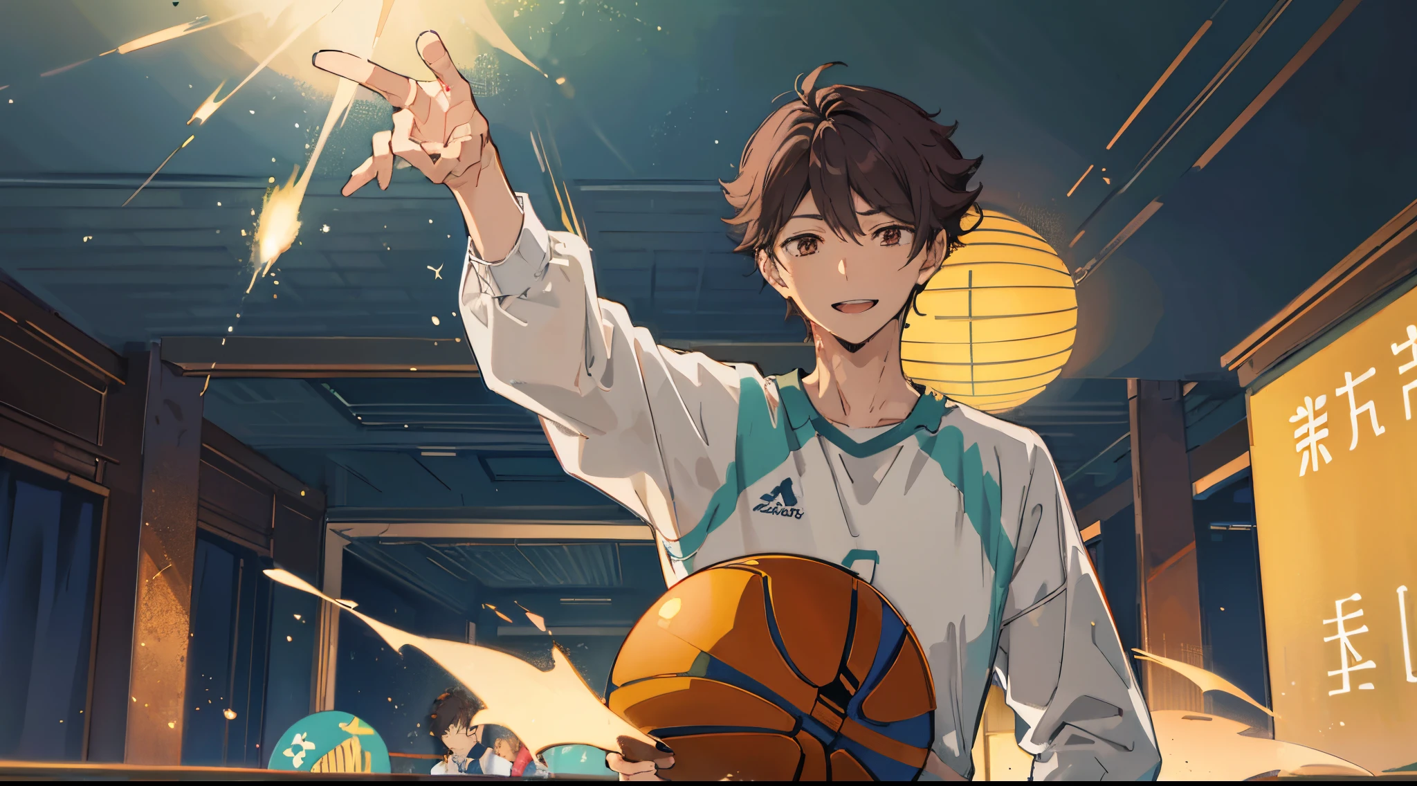 oikawa tooru, 1man, handsome, manly, volleyball outfit, upper body, brown hair, brown eyes, short hair, solo focus, cute, happy, smiling, masterpiece, soft shading, watercolor, best quality, absurdres, joy, happiness, cinematic lighting, high contrast, sharp focus, desktop wallpaper, scenery, flowers, happy feeling, warm feeling, light particles, ,