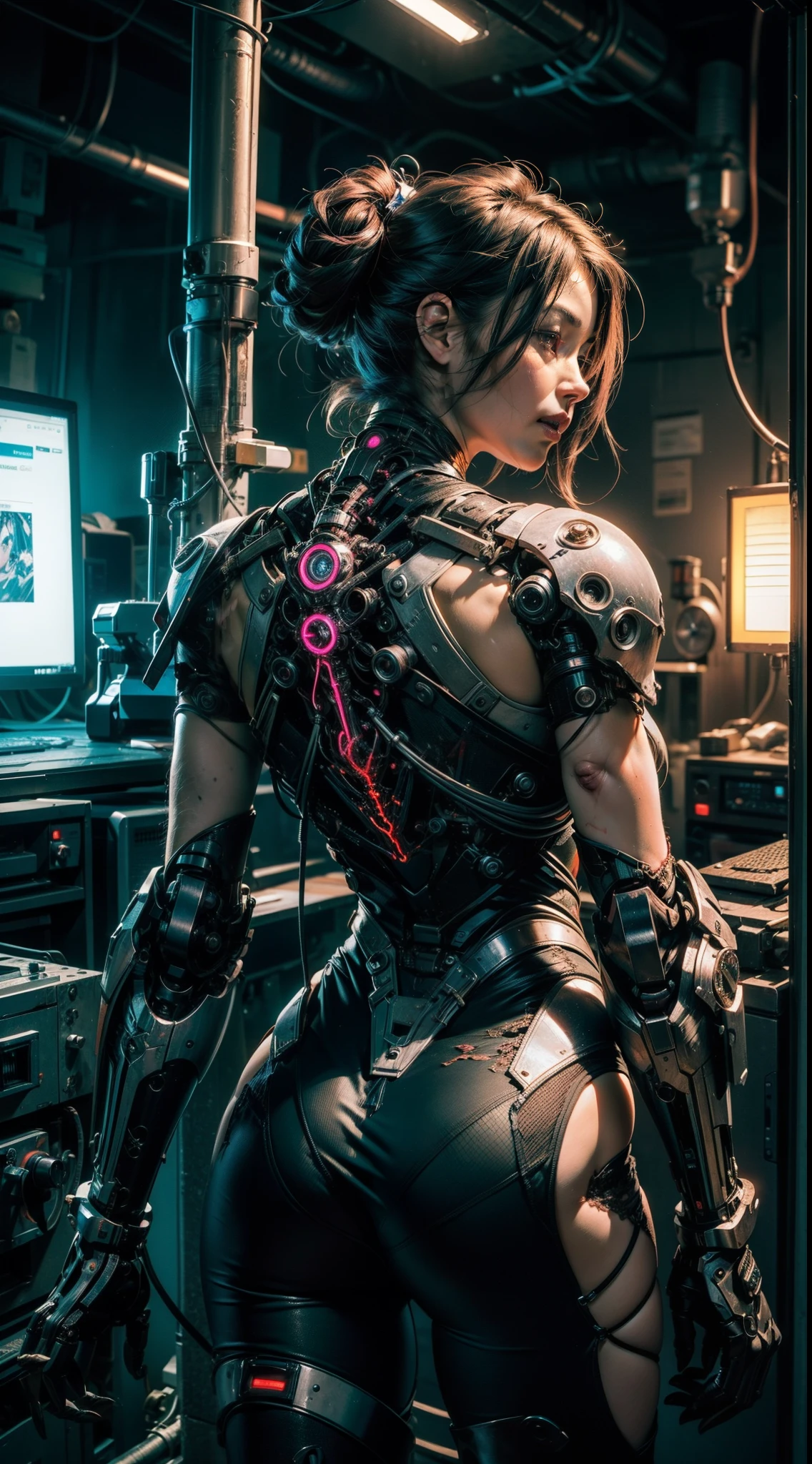((1 cyber girl in front of the camera)) (Mechanically made limbs:1.2),((mechanical limbs)),(Blood Vessels Attached to Tubes),(mechanical vertebra attaching to the back),((mechanical cervical attachment to the neck)),inexpresivo,(alambres y cables que se fijan al cuello:1.2),(alambres y cables en la cabeza:1.2),(Enfoque del personaje), ((Disparo de vaquero)), (Obra maestra), (((La mejor calidad))), ((Ultra detallado)), (Highly detailed CG illustration), ((un extremadamente delicado y hermoso)),Kinematic ,Science-Fiction,Extremadamente detallado,De color,highest detailed, Loongs,Fengs, Antecedentes de la ciudad cyberpunk.,luces de neon , pelo de colores, mucha robotica,partes mechanic,a body with all the mechanical