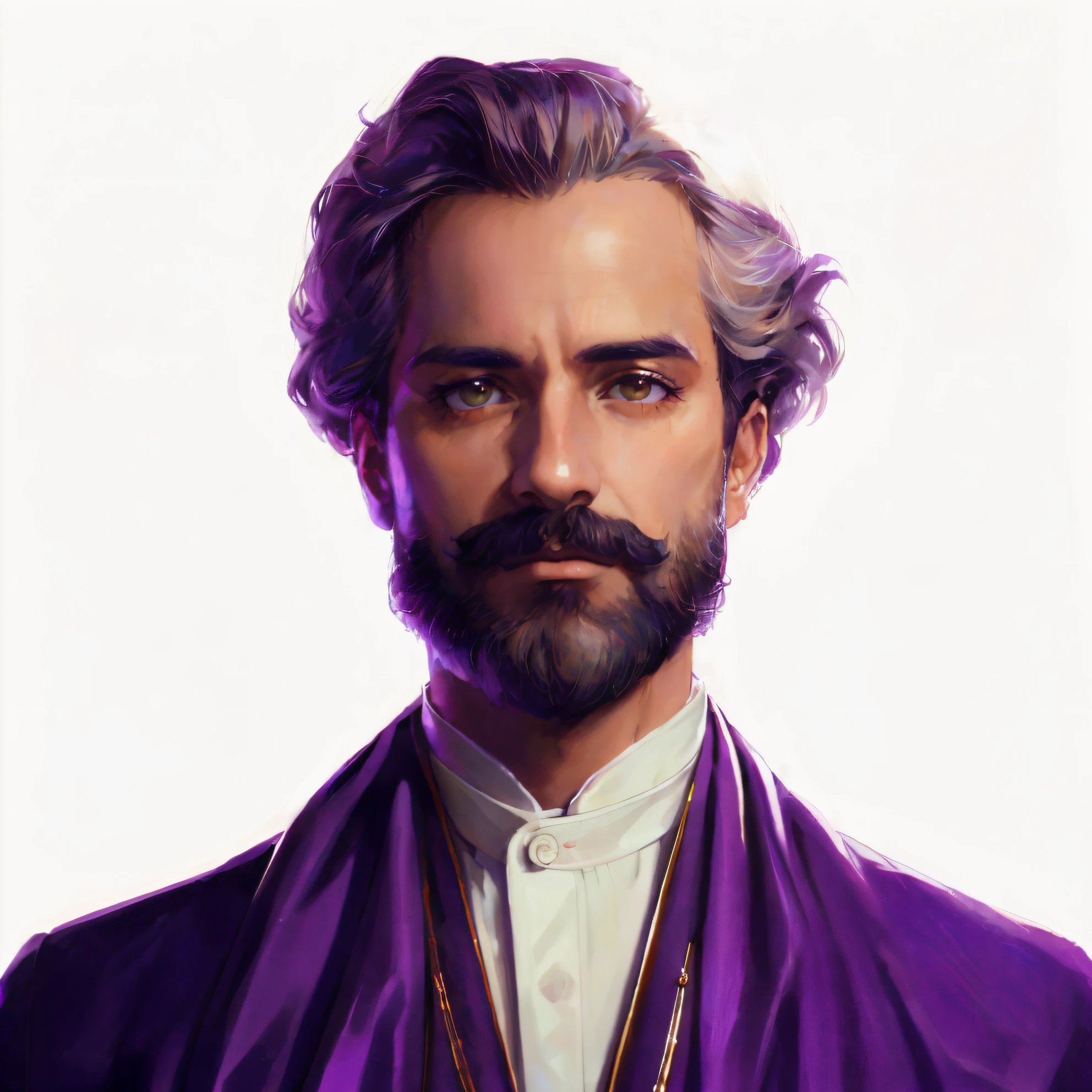 um close up de um jovem homem 25 anos com barba e jaqueta roxa, retrato detalhado do caractere, olho roxo, inspirado em Cristache Gheorghiu, Retrato do Professor Sinistro, Epic portrait illustration, um retrato do personagem, Michael Cavalo (Motor irreal, retrato da arte do personagem, retrato de personagem pintado, retrato de alta qualidade, retrato do personagem, Stanely Artgerm, retrato de personagem de closeup. saint germai, conde de saint germain.