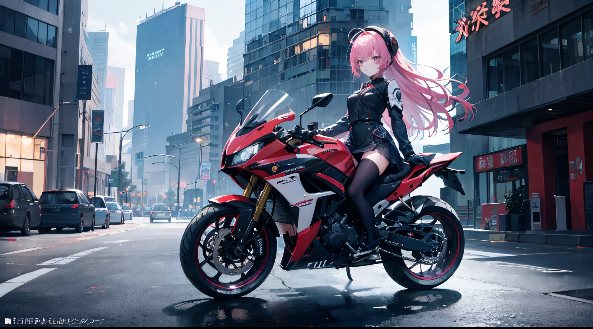 mitsukasa ayas，Highest image quality, excellent detail, 超高分辨率, (Fidelity: 1.4), The best illustrations, Offer details, Highly concentrated 1girl, Has a delicate and beautiful face, Dressed in a black and white mech, wearing a mech helmet, holding direction controller, riding motorcycles, The background is a high-tech light scene of the future city.urban backdrop，in the parking lot