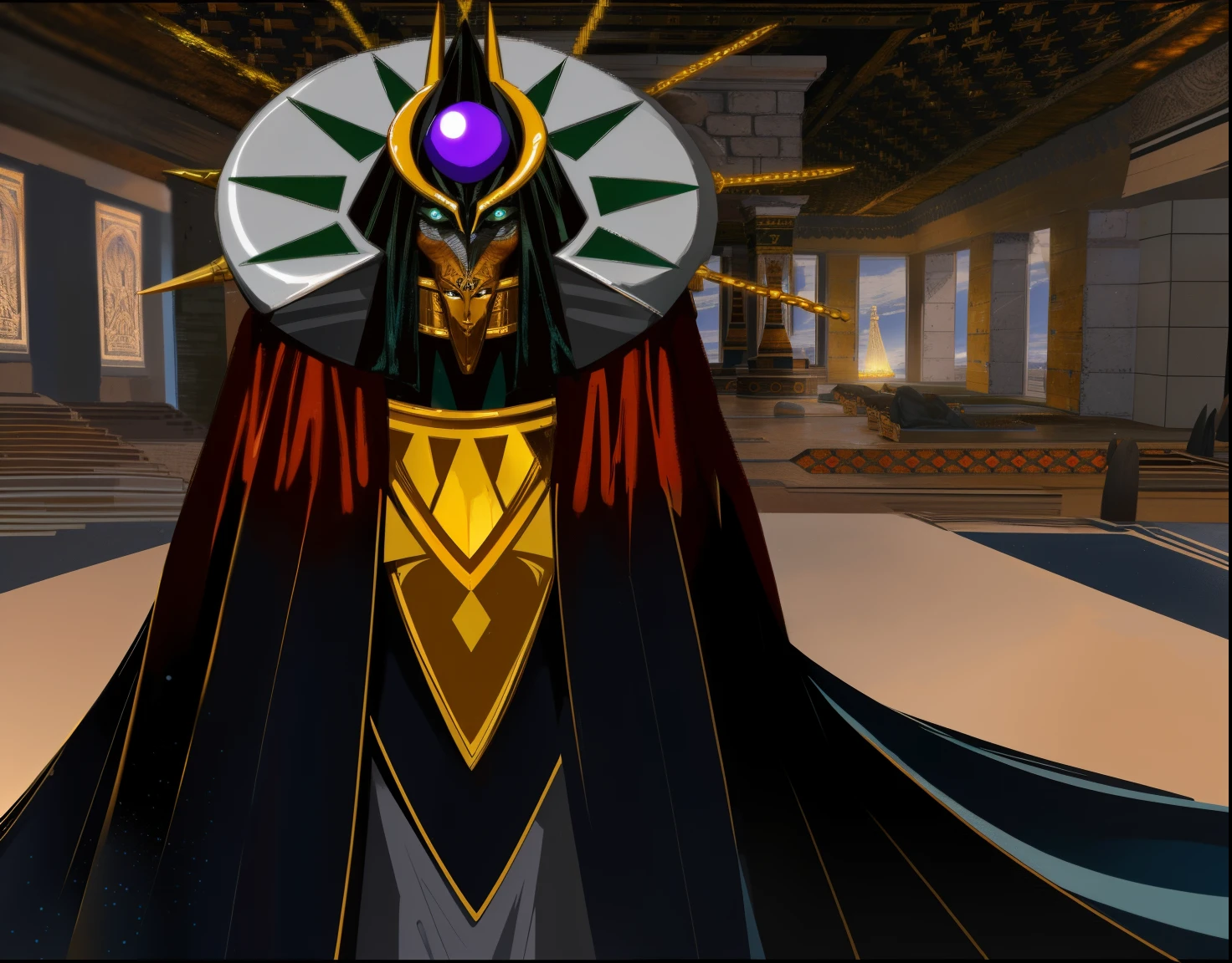 un primer plano de un videojuego con una bola morada en el medio, Foto del fantasma de Anubis, Retrato del emperador de la humanidad, Dios enojado Anubis, Ozymandias, Osiris, El dios Anubis, PSX captura de pantalla, Ancient Mystical Time Lord, Emperador del universo conocido, En una arena en Dune 2021