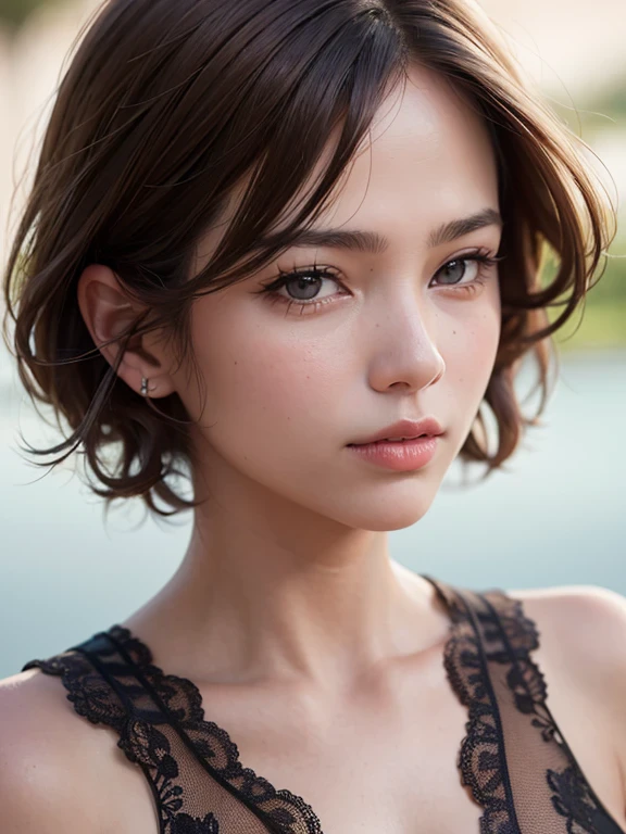 (high resolution:1.3), (8k, photorealistic, RAW photo, best quality: 1.4), japanese french mixed race, (1girl), beautiful face, (realistic face), (light brown hair, short hair:1.3), beautiful hairstyle, realistic eyes, beautiful detailed eyes, green eyes, (realistic skin), beautiful skin, attractive, ultra high res, ultra realistic, highly detailed, golden ratio, outdoors,windy,from below