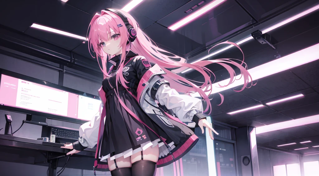 mitsukasa ayas cyberpunk,gentleness , Digital punk, Anime style 4k, Short-sleeved game suit,Pink Long Hair, computer room, Gaming headset overhead,black pantyhoses