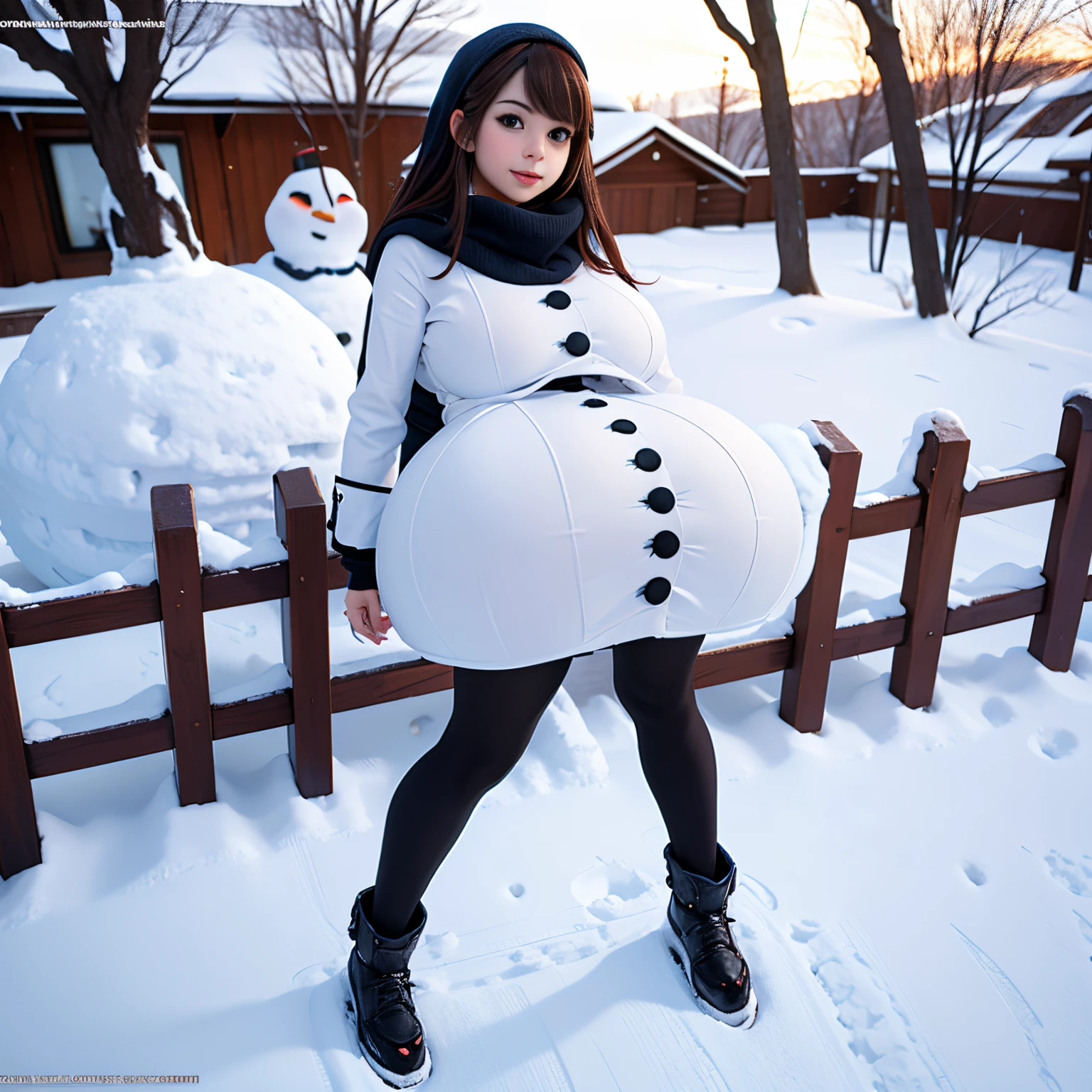 beautiful female snowman, gigantic breasts, full body shot, giga_busty