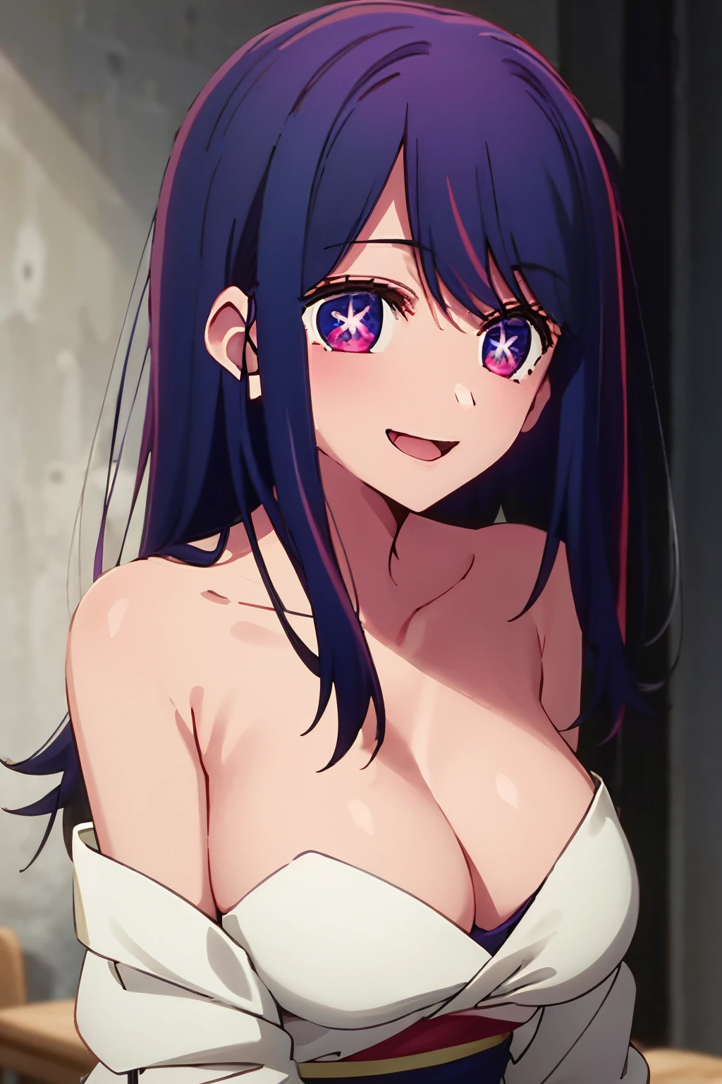 masterpiece、ighly detailed、(1 girl in:1.2)、purple color hair、strapless open shoulder kimono、big eye、a closeup、Naughty smile、8K 、Ai Hoshino、Live performance venue、Star Eyes