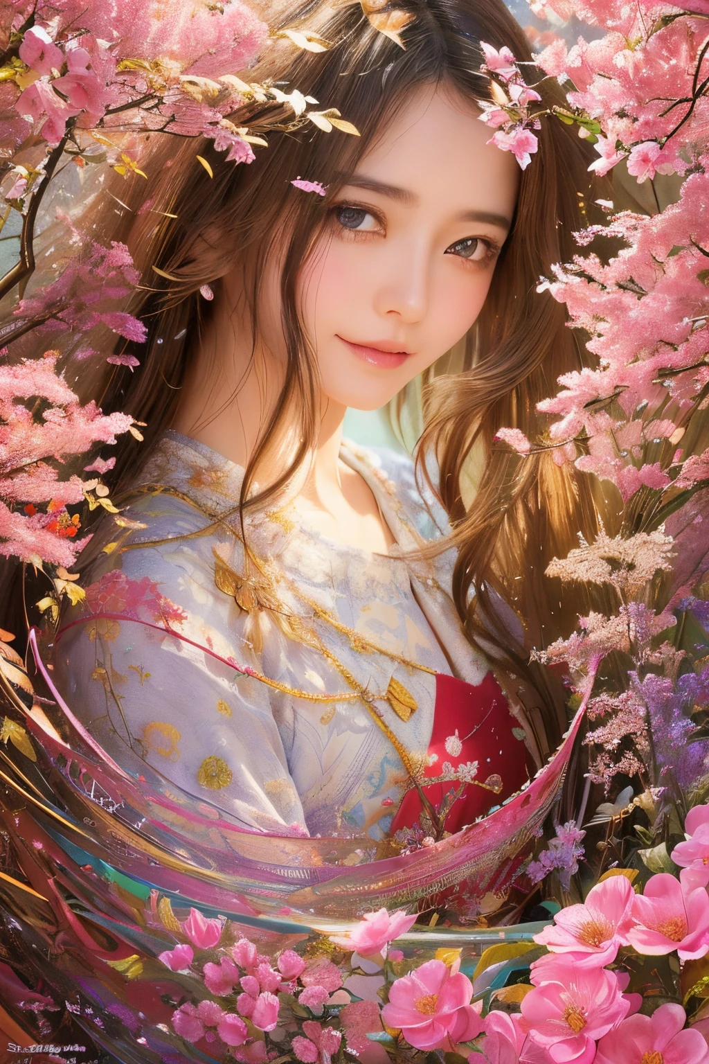(masterpiece、top-quality、top-quality、Official art、Beautifully Aesthetic:1.2)、(1girl in)、ighly detailed、(Fractal Art:1.3)、colourfull、highestdetailed,(Poses in motion:1.4)、Detail Beautiful delicate face、Detail Beautiful delicate eyes、Very fine eye definition, (Symmetrical eyes:1.3),((Japan hair)),((Natural smile)),