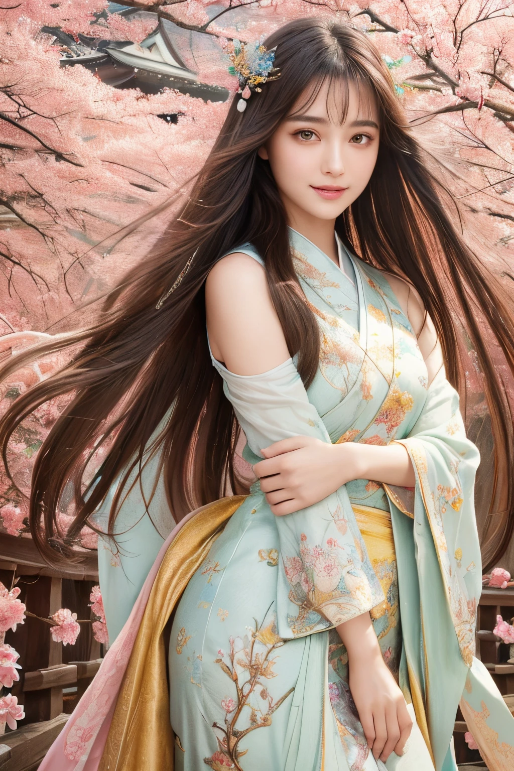(masterpiece、top-quality、top-quality、Official art、Beautifully Aesthetic:1.2)、(1girl in)、ighly detailed、(Fractal Art:1.3)、colourfull、highestdetailed,(Poses in motion:1.4)、Detail Beautiful delicate face、Detail Beautiful delicate eyes、Very fine eye definition, (Symmetrical eyes:1.3),((Japan hair)),((Natural smile)),