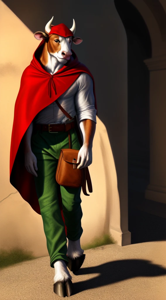 uploaded on e621, (male anthro bull), walking, solo, muscle, detailed scale texture, castle stonework, (medieval clothing, ((loose green pants, torn white shirt, belt, drawn-back red cloak, satchel, journal))), (brown body, medium-length horns, thick legs, arms down), noon, shaded, bright environment, (front view), looking cautious, [simple background], detailed eyes, masterpiece artwork, caustics, rim lighting, single light source, sharp shadows, solo portrait, (digitigrade, hooves), (realistic, photorealistic, hyper realistic, ultra detailed),