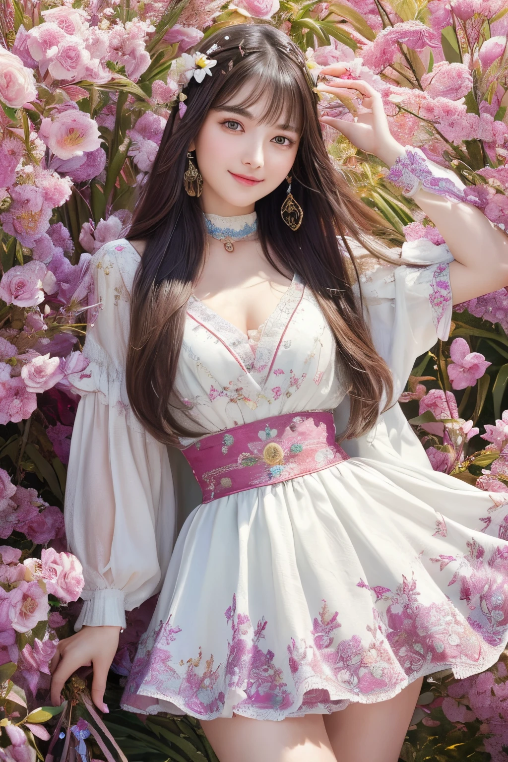 (masterpiece、top-quality、top-quality、Official art、Beautifully Aesthetic:1.2)、(1girl in)、ighly detailed、(Fractal Art:1.3)、colourfull、highestdetailed,(Poses in motion:1.4)、Detail Beautiful delicate face、Detail Beautiful delicate eyes、Very fine eye definition, (Symmetrical eyes:1.3),((long)),((Natural smile)),florals,pluma