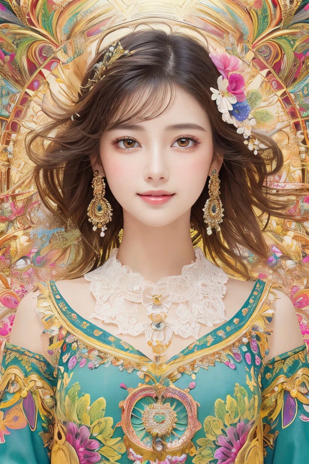 (​masterpiece、top-quality、top-quality、Official art、Beautifully Aesthetic:1.2)、(1girl in)、ighly detailed、(Fractal Art:1.3)、colourfull、highestdetailed,(Poses in motion:1.4)、Detail Beautiful delicate face、Detail Beautiful delicate eyes、Very fine eye definition, (Symmetrical eyes:1.3),((long)),((Natural smile)),florals,pluma