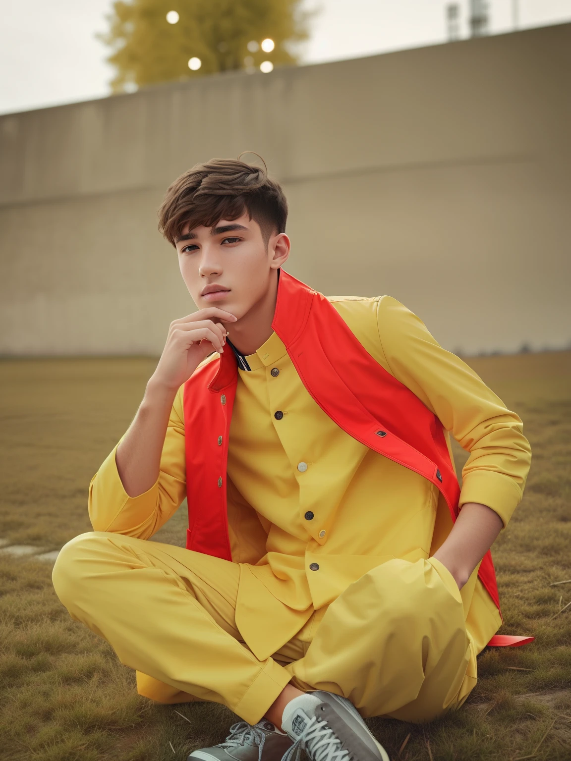 This boy in future city, cool jacket, men's wear, highly detailed,