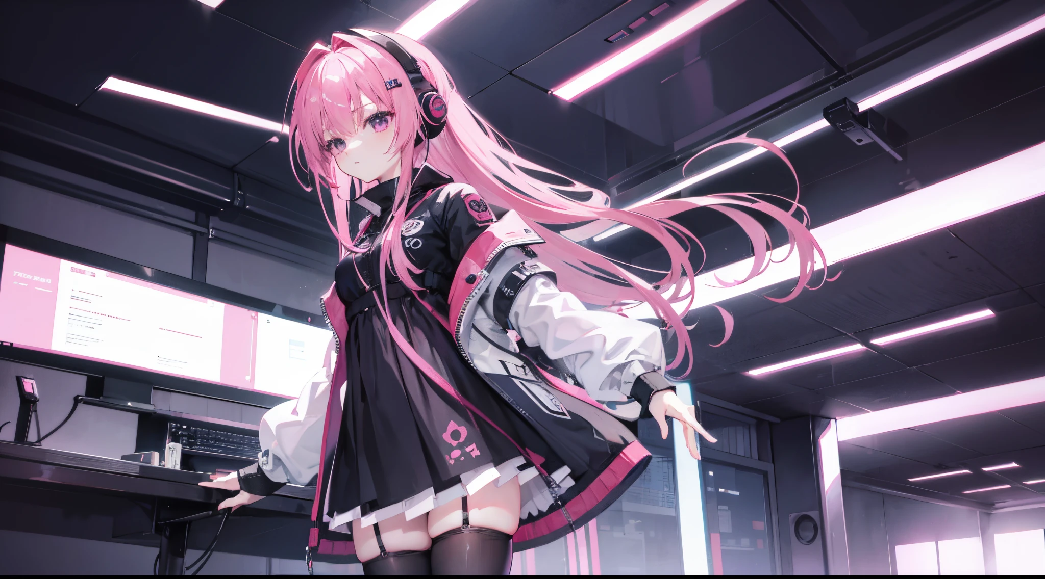 mitsukasa ayas cyberpunk,gentleness , Digital punk, Anime style 4k, Short-sleeved game suit,Pink Long Hair, computer room, Gaming headset overhead，black pantyhoses