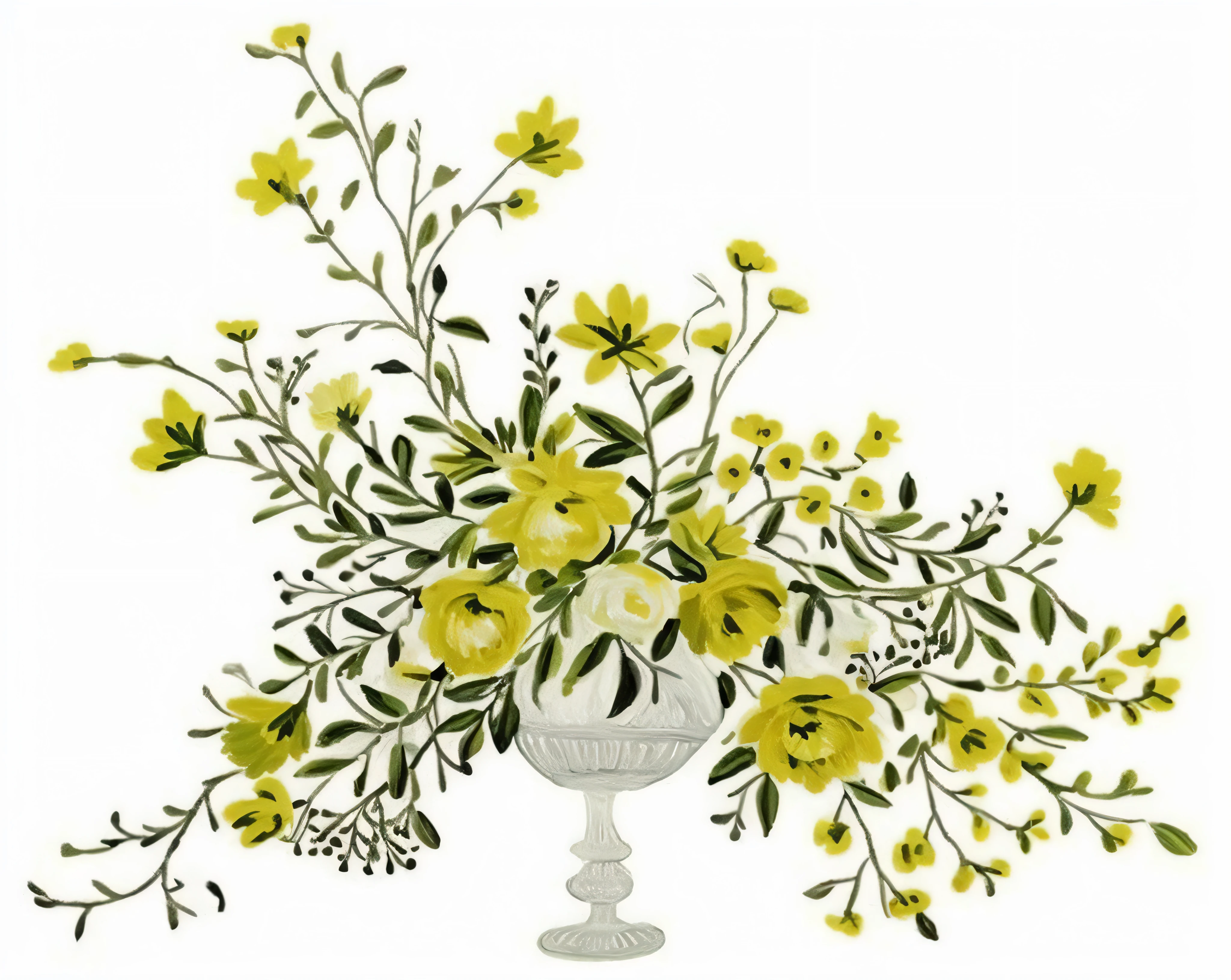 there is a painting of a vase with flowers in it, with yellow flowers around it, vase with flowers, floral embroidery, light greens and whites, with flowers, with a white, with flowers and plants, decorated with flowers, bouquet, chartreuse color scheme, elegant flowers, with colored flowers, elegant!!, i dream of a vase flowers, drawn image