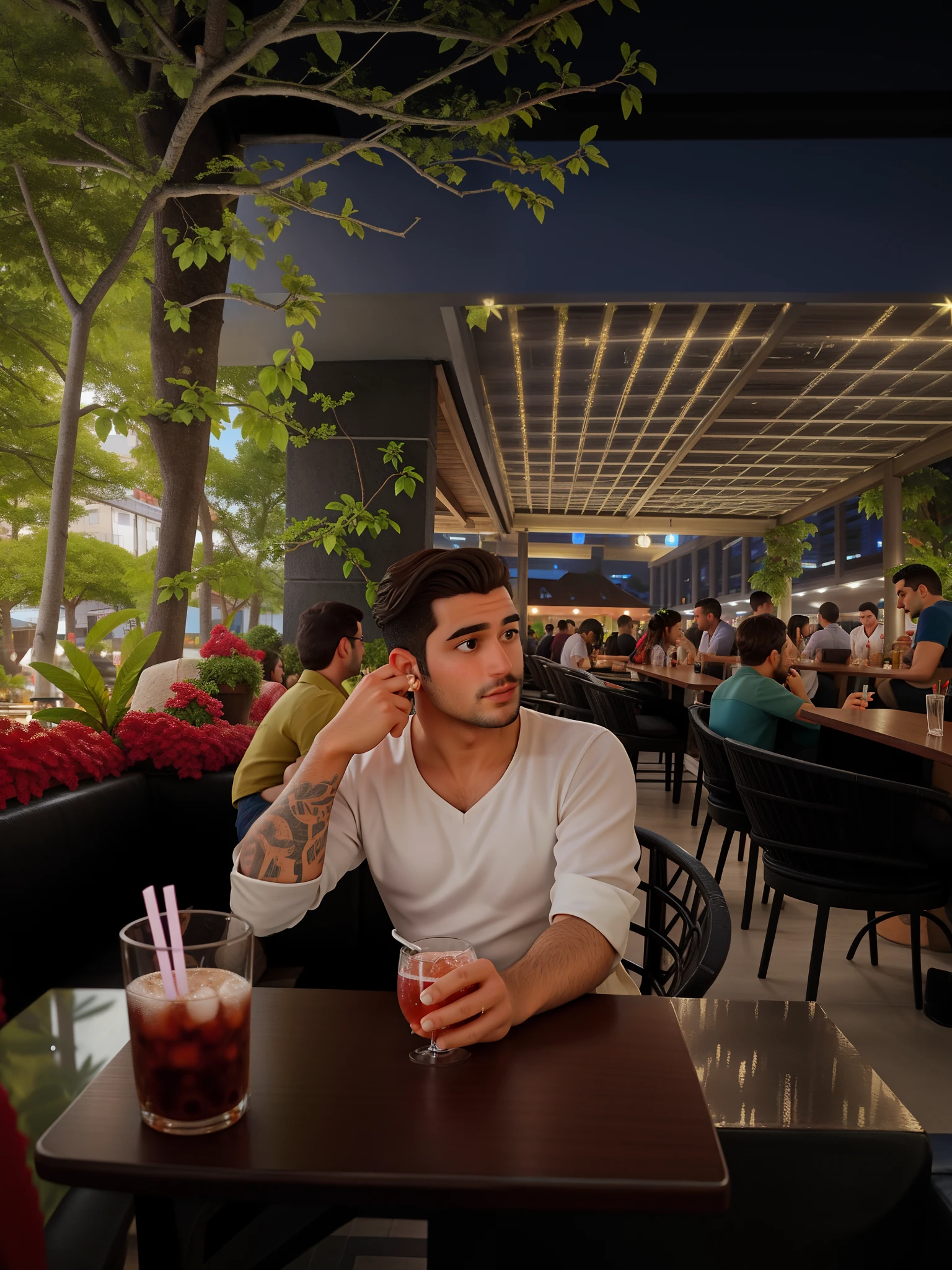There's a man sitting at a table with a drink in front of him, sentado em um bar, no futuro telhado de luz neon, restaurante em segundo plano, sentado no bar, sentado sozinho em um bar, com palmeiras nas costas, comer fora, na cobertura, on the terrace, paradise in the background, senta-se em um telhado, Directed by: Robbie Trevino