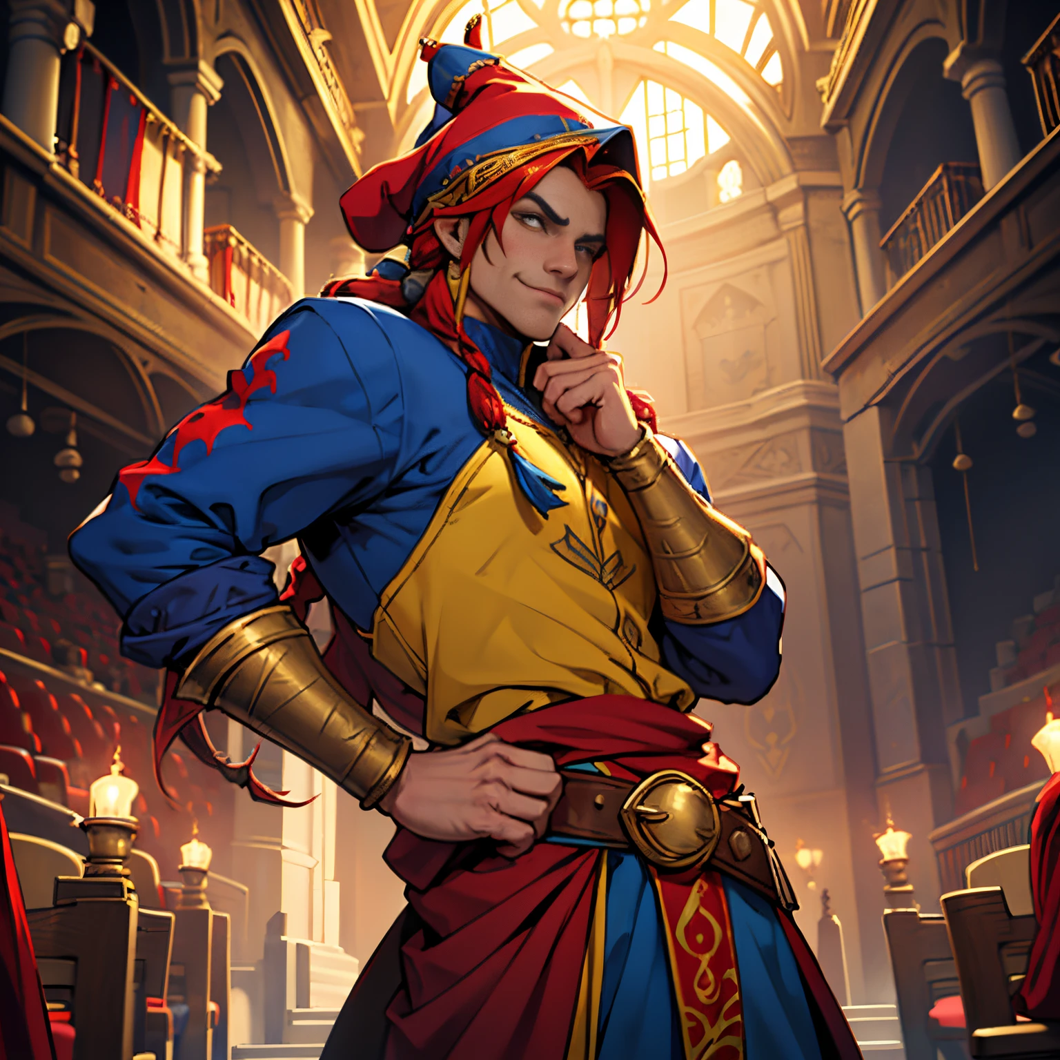 A guy in a jester costume of a primary color, wear red, Blue, and a yellow jester costume, in a jester's hat, theater stage background, male, sharp jawline, muscular, very long golden hair, braided, manly, Confident, jester Cicero from the game TES Skyrim