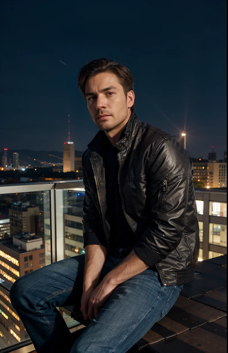 a man sitting at a rooftop of high building, wear jacket, city night view, superb quality, intricate detailed, cinematic, photoreal, 8k, UHD, realistic, masterpiece, best quality, ultra detailed