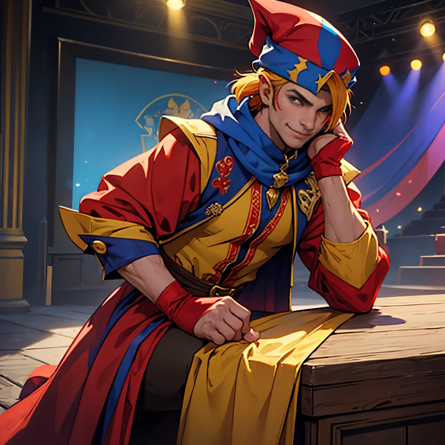 A guy in a jester costume of a primary color, wear red, Blue, and a yellow jester costume, in a jester&#39;s hat, theater stage background, male, sharp jawline, muscular, very long golden hair, braided, manly, Confident, jester Cicero from the game TES Skyrim