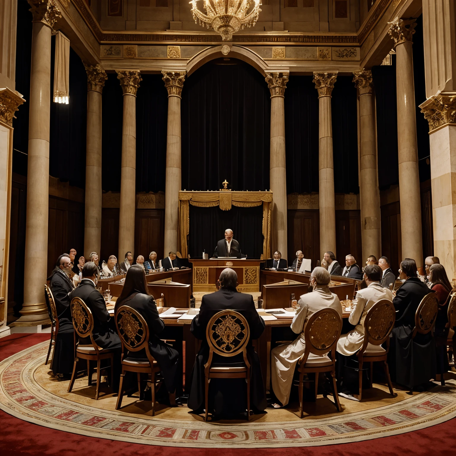 Large numbers Byzantine aristocrats, Minister and statesmen discussing state matter in the royal court in a 13th century Byzantine empire setting while all standing