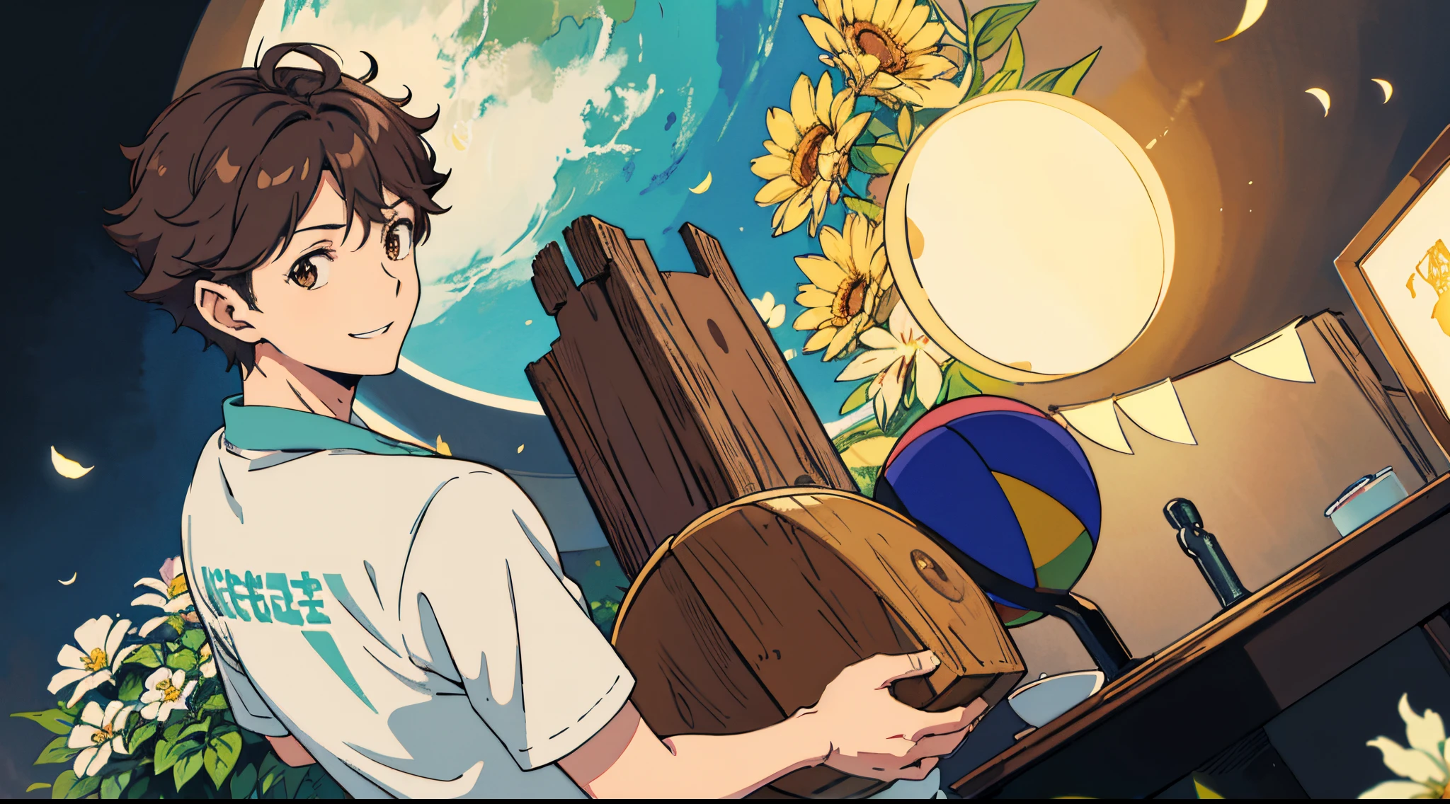 oikawa tooru, 1boy, volleyball outfit, upper body, brown hair, brown eyes, short hair, solo focus, cute, happy, smiling, masterpiece, soft shading, watercolor, best quality, absurdres, joy, happiness, cinematic lighting, high contrast, sharp focus, desktop wallpaper, scenery, flowers, happy feeling, warm feeling, light particles, looking at viewer, volleyball
