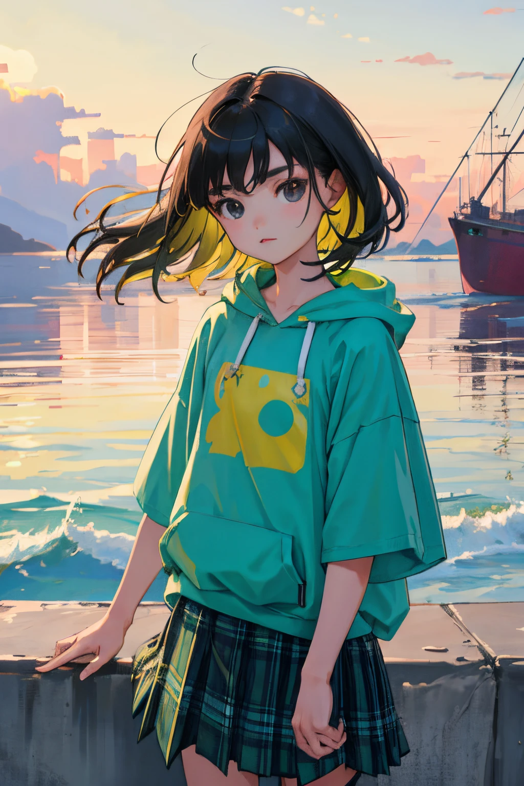 (child:1.2)，（​masterpiece，Highest Quality），Short sleeve hoodie，Green plaid skirt，A dark-haired，The wind is blowing