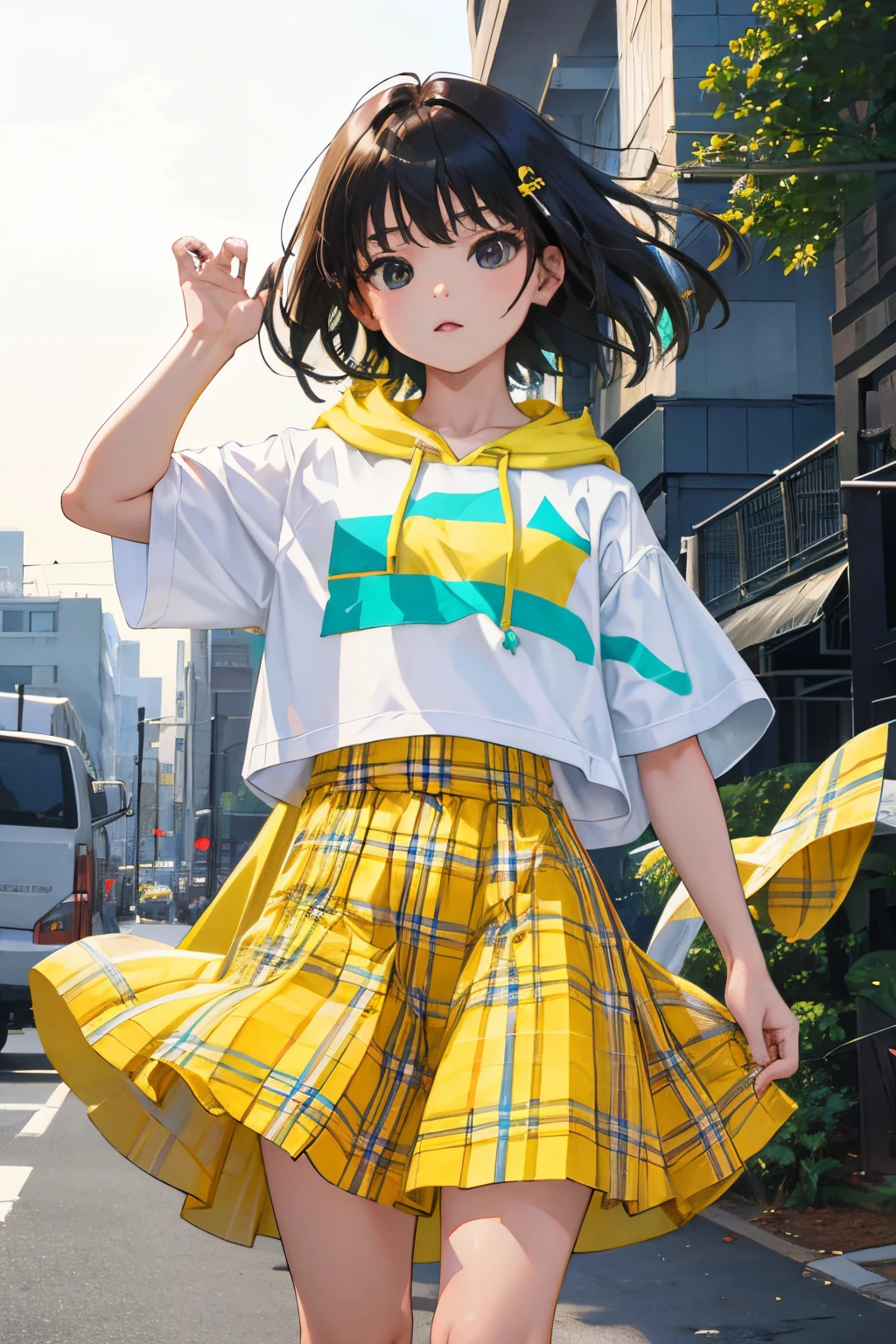 (child:1.2),(masterpiece,Highest Quality),Short sleeve hoodie,Yellow-green plaid skirt,A dark-haired,The wind is blowing
